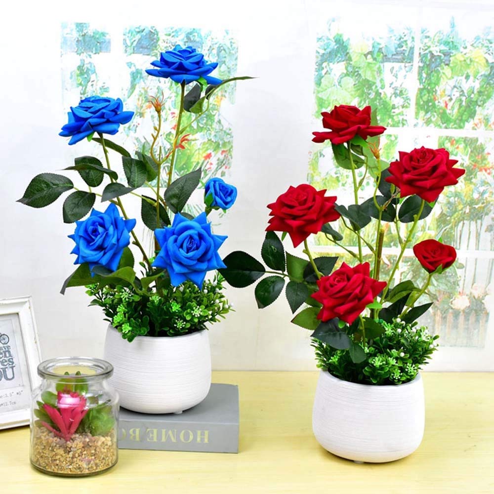 Artificial Blue Rose Flower in Pot - Fake Potted Plant for Home Decor, Office Desk, Wedding Centerpiece & Gift Idea - Realistic Simulation Floral Arrangement