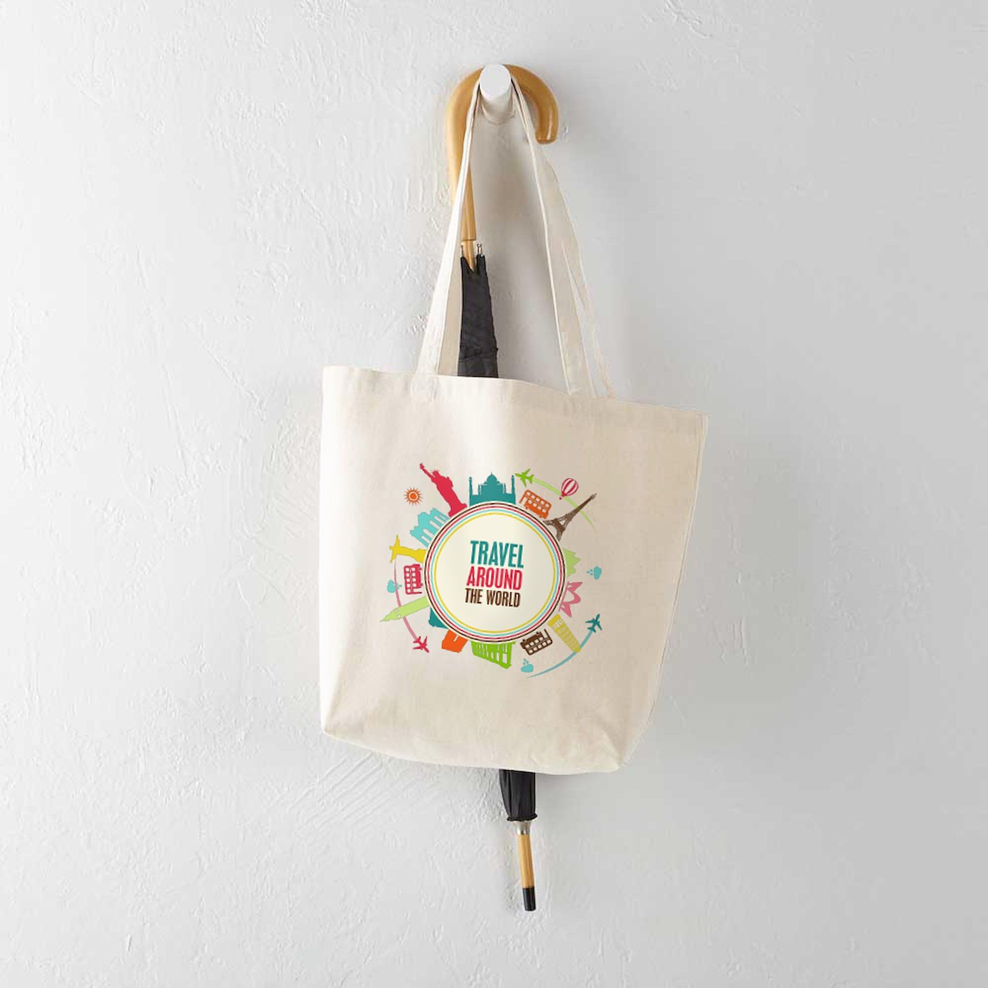 Travel Around The World Tote Bag - Natural Canvas Reusable Shopping Bag for Groceries, Beach & Everyday Use | Eco-Friendly Carryall