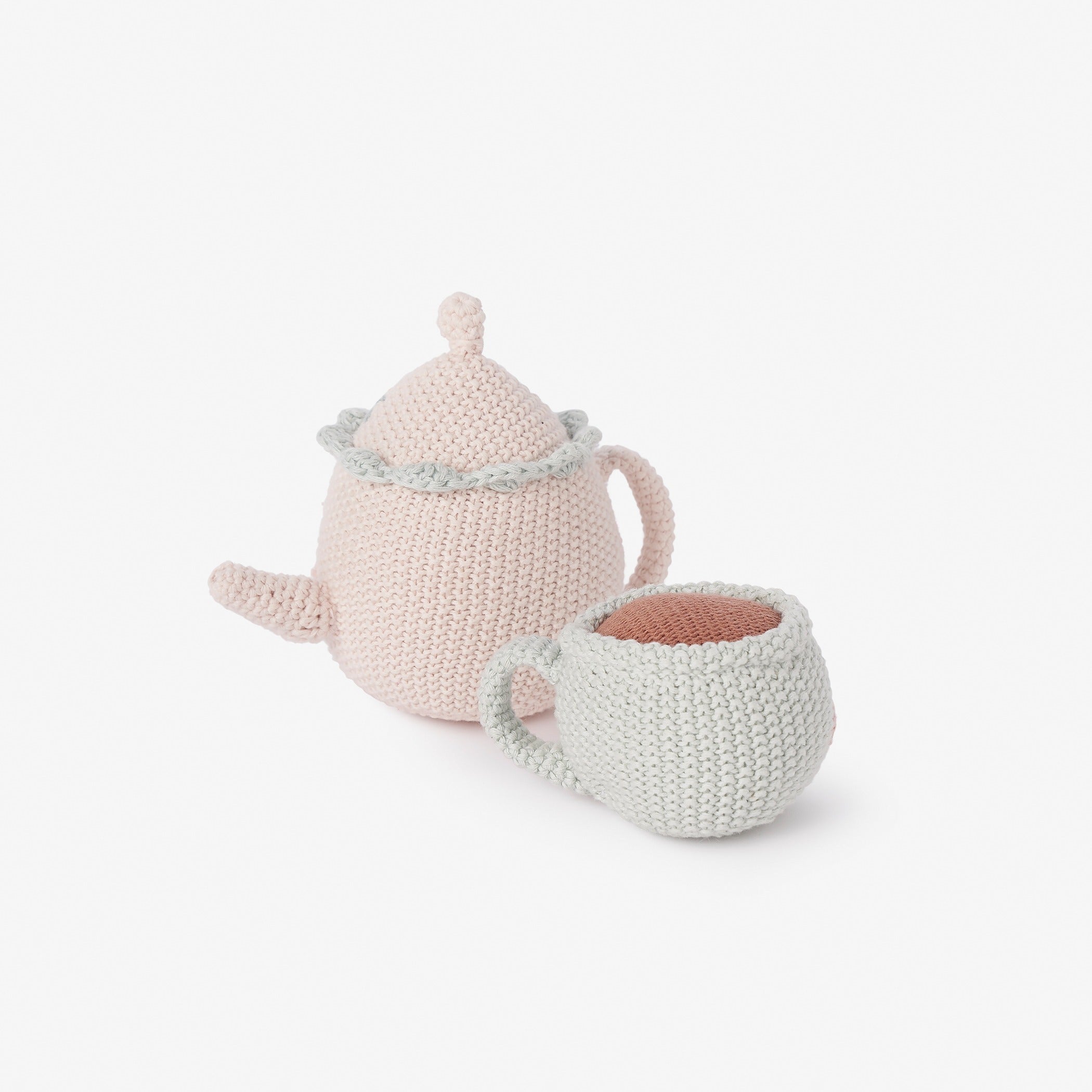Hand Crocheted Hazel & Annie Tea Pot & Teacup Rattle Set - Soft Baby Toy for Sensory Play, Shower Gift & Nursery Decor