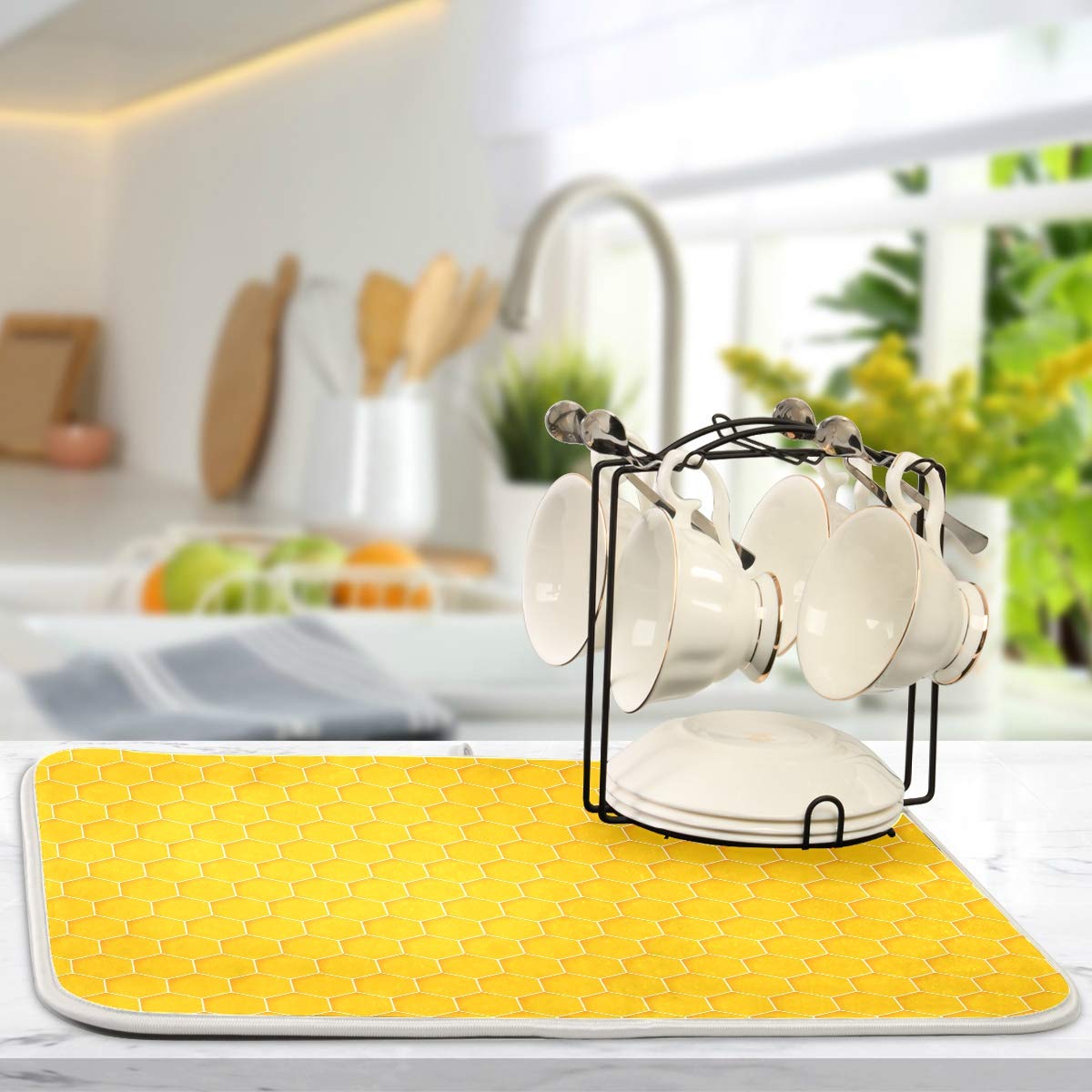 Honeycomb Dish Drying Mat - Absorbent Waterproof Kitchen Pad (16x18 In) for Countertop & Sink