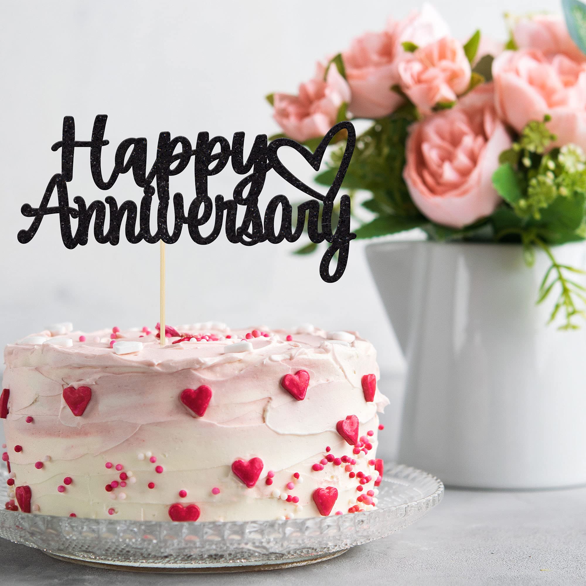 Gyufise 1 Pack Black Glitter Happy Anniversary Cake Topper - Wedding & Anniversary Party Decoration Supplies - Perfect for Cake Decorating, Bridal Showers & Celebration Parties