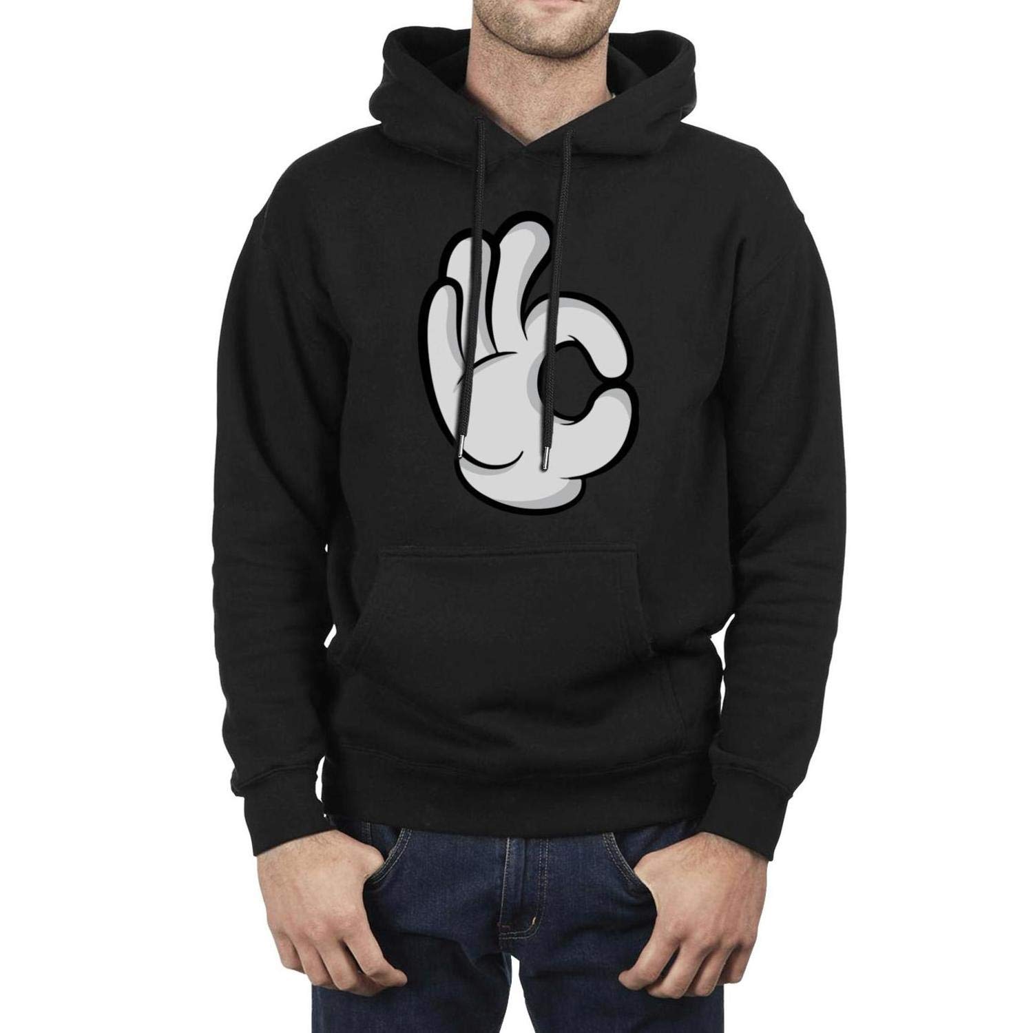 GEDGDS Men's Fleece Pullover Hoodie with Mouse & OK Sign Design - Cozy Winter Fashion for Casual Wear & Outdoor Activities