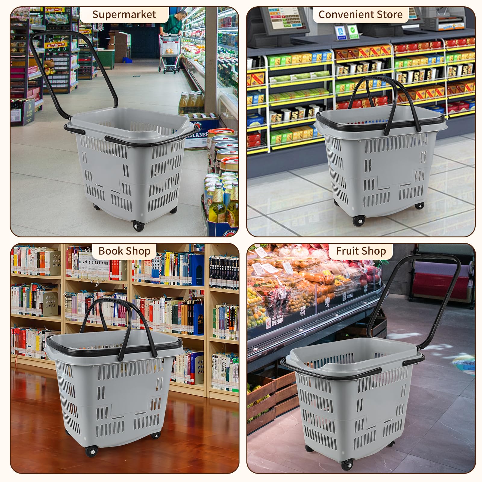 50L Plastic Rolling Shopping Basket with Handles - Portable Retail Cart for Supermarket, Grocery Store & Warehouse (4 Pack) - Ideal for Shopping, Stocking Shelves & Home Organization