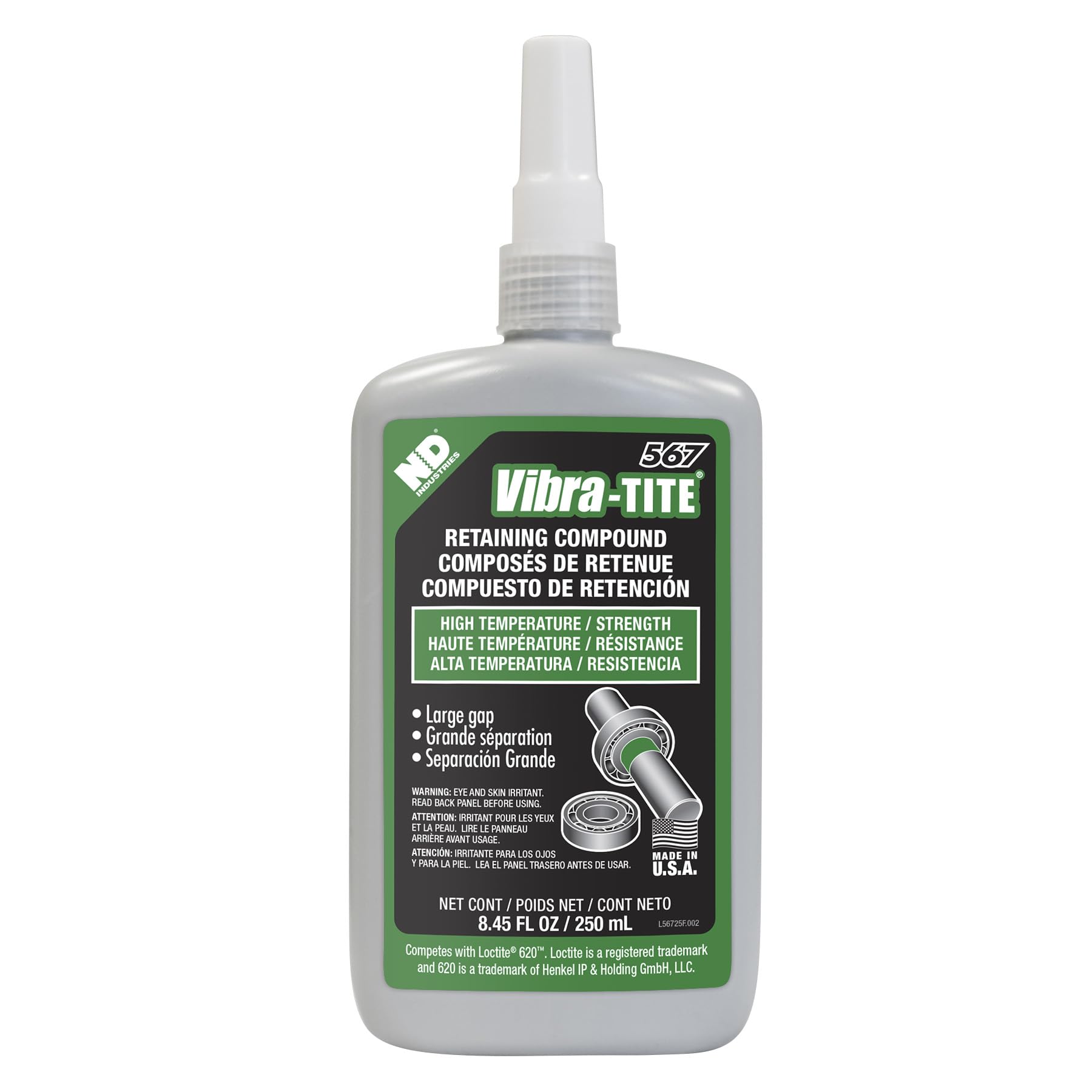 Vibra-TITE 567 Green High Temperature Threadlocker Retaining Compound - 250ml Bottle for Automotive, Machinery & Industrial Applications - Secure Fasteners in Extreme Heat Conditions