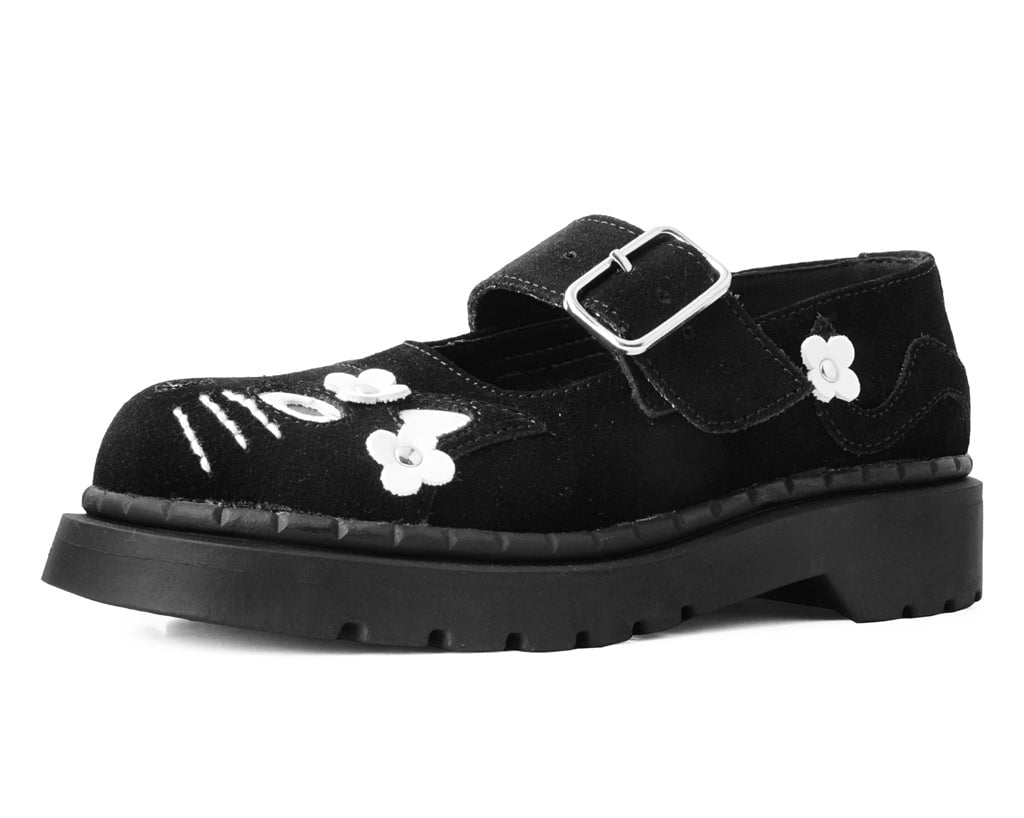 Black Suede Kitty Flower Mary Jane Shoes for Women - Cute & Comfortable Flats for Casual Wear, Office, and Special Occasions