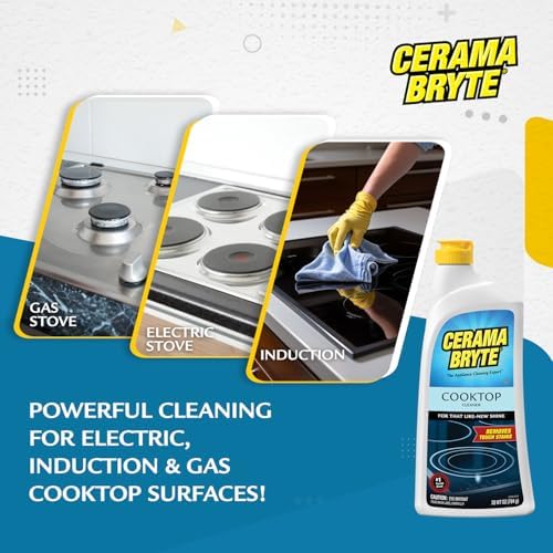 Cerama Bryte Glass Cooktop Cleaner Kit with POW-R Grip, Scraper & Cleaning Pad - Removes Tough Stains & Burnt-On Food - Safe for Glass & Ceramic Stovetops - 10oz 4-Piece Set - Perfect for Daily Cleaning & Maintaining Sparkling Kitchen Surfaces