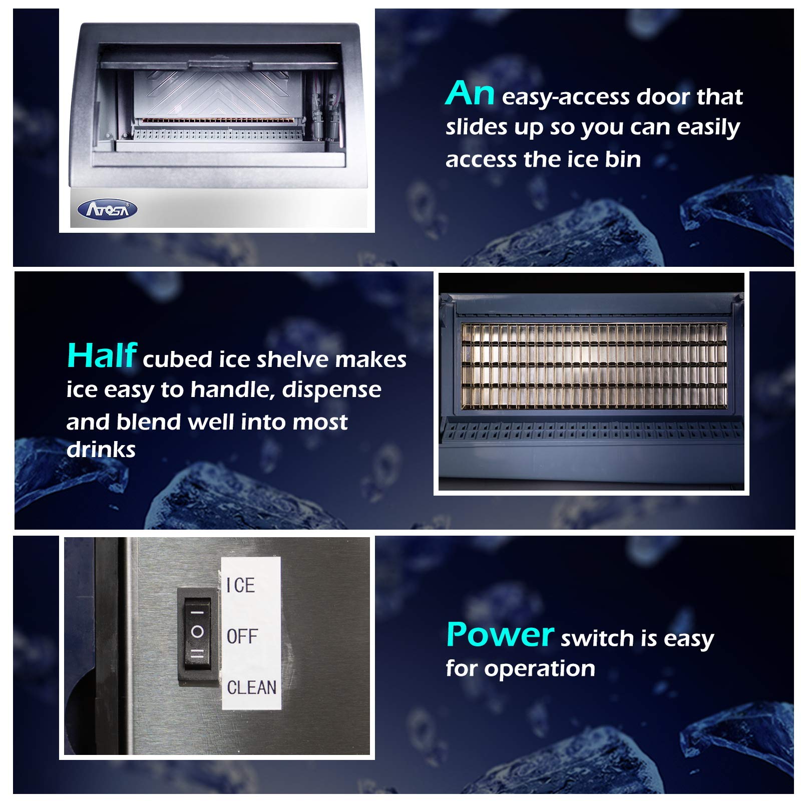 Atosa Commercial Ice Maker Machine with Bin - 142lbs/24h Stainless Steel Automatic Ice Maker for Restaurants, Bars, Cafes & Catering Services - Perfect for High-Volume Ice Production in Food Service Businesses