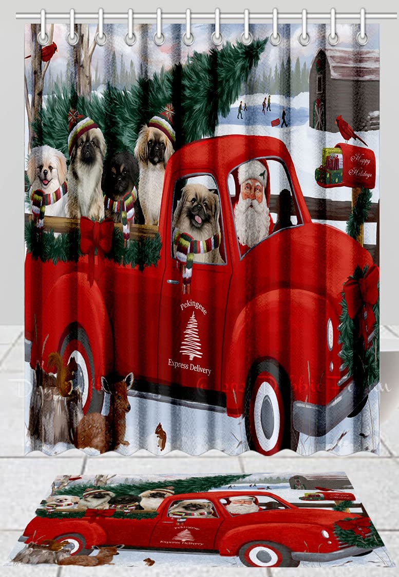 Christmas Santa Express Delivery Red Truck Pekingese Dog Shower Curtain & Bath Mat Set - Anti-Slip Bathroom Rug & Polyester Bathtub Curtain with Hooks (20''x32'' Rug + 36
