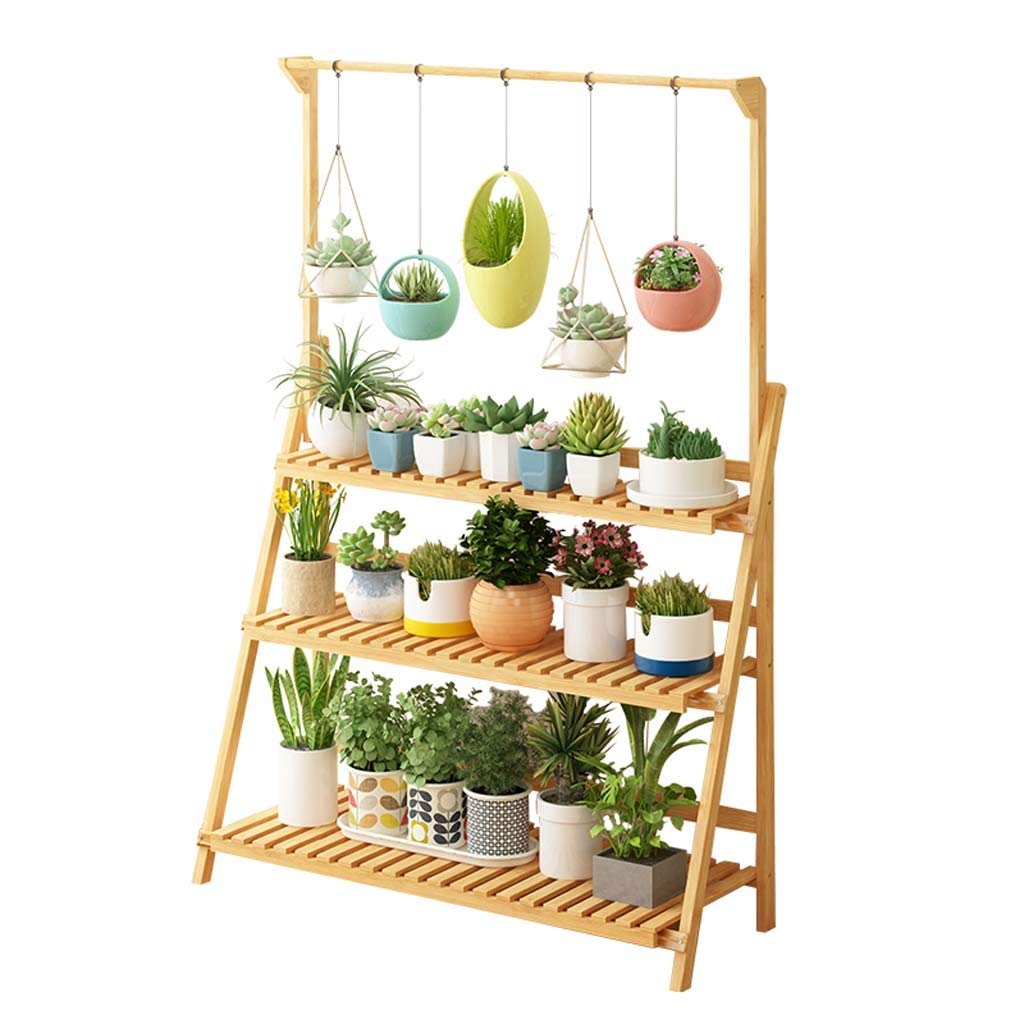 3 Tier Bamboo Plant Stand - Hanging Shelf for Flower Pots, Indoor Plant Organizer, Folding Storage Rack (100cm) - Perfect for Balcony, Living Room & Small Space Gardening