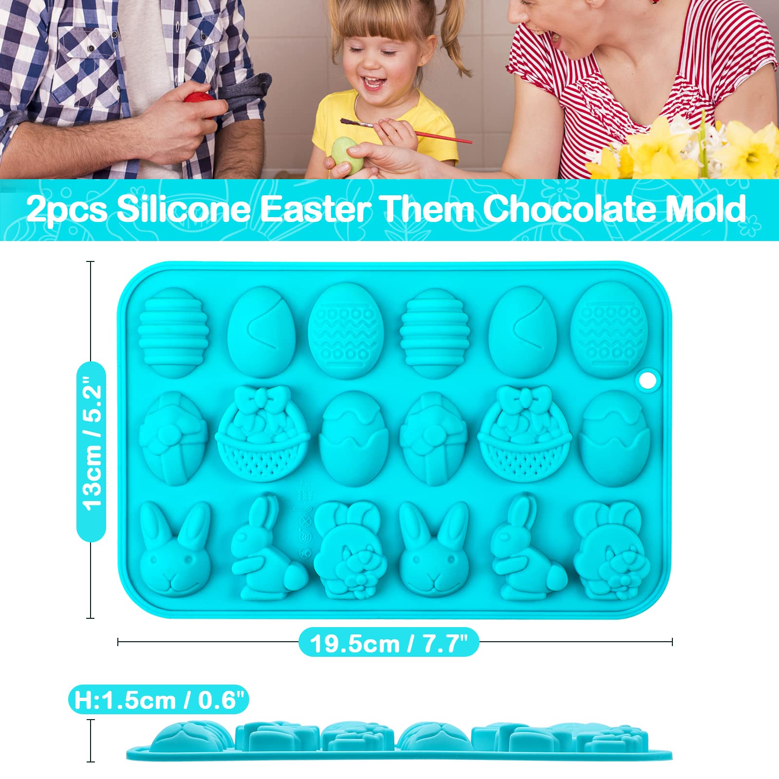 Webake 18-Cavity Silicone Easter Molds - Bunny, Egg & Basket Shapes for Candy, Fondant, Pudding, Jelly, Soap & Cupcake Decorations (Pack of 2) | Perfect for Easter Baking, DIY Crafts & Holiday Party Treats