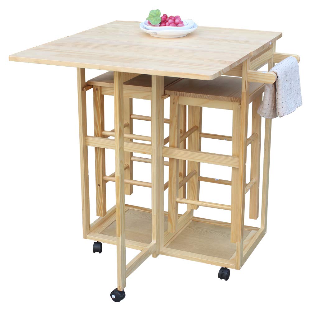 Foldable Dining Table Set with 2 Stools - Wooden Drop Leaf Table with 2 Drawers & Rolling Wheels, Space-Saving Kitchen Furniture for Small Apartments, Breakfast Nooks & Studio Living (Natural Finish, Square Design)