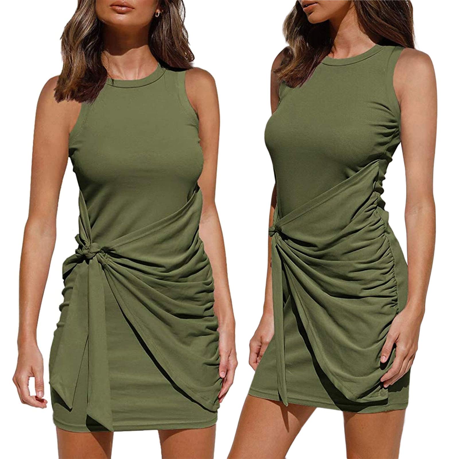 Honganda Women's Summer Sleeveless Solid Color Bodycon Mini Dress with Tie Waist & Ruched Detail - Perfect for Beach Vacation, Date Night & Casual Outings