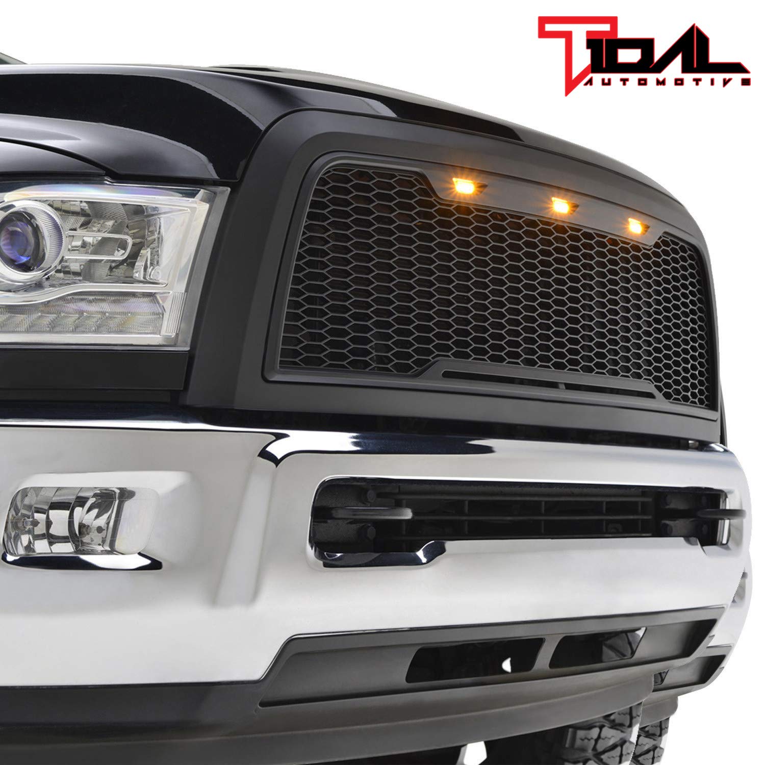 2013-2018 Ram 2500/3500 Black Replacement Grille with Amber LED Lights - Heavy Duty Truck Front Hood Grill Upgrade for Off-Road & Customization