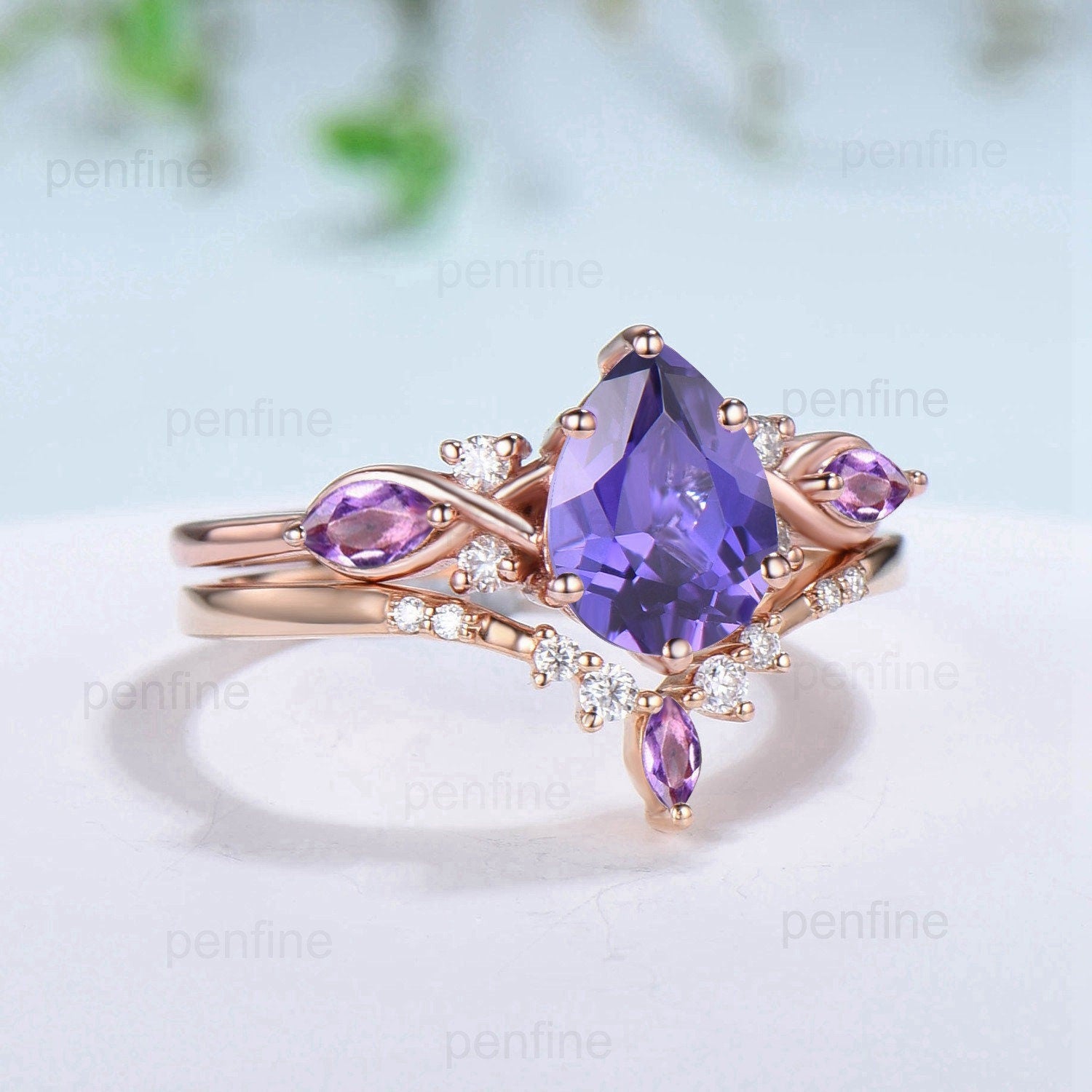 Vintage Elegant Pear Shaped Purple Sapphire Ring Set - Infinity Marquise Amethyst Crystal Engagement Ring for Women | Unique Wedding Proposal Gift, Anniversary Present & Romantic Occasion Jewelry