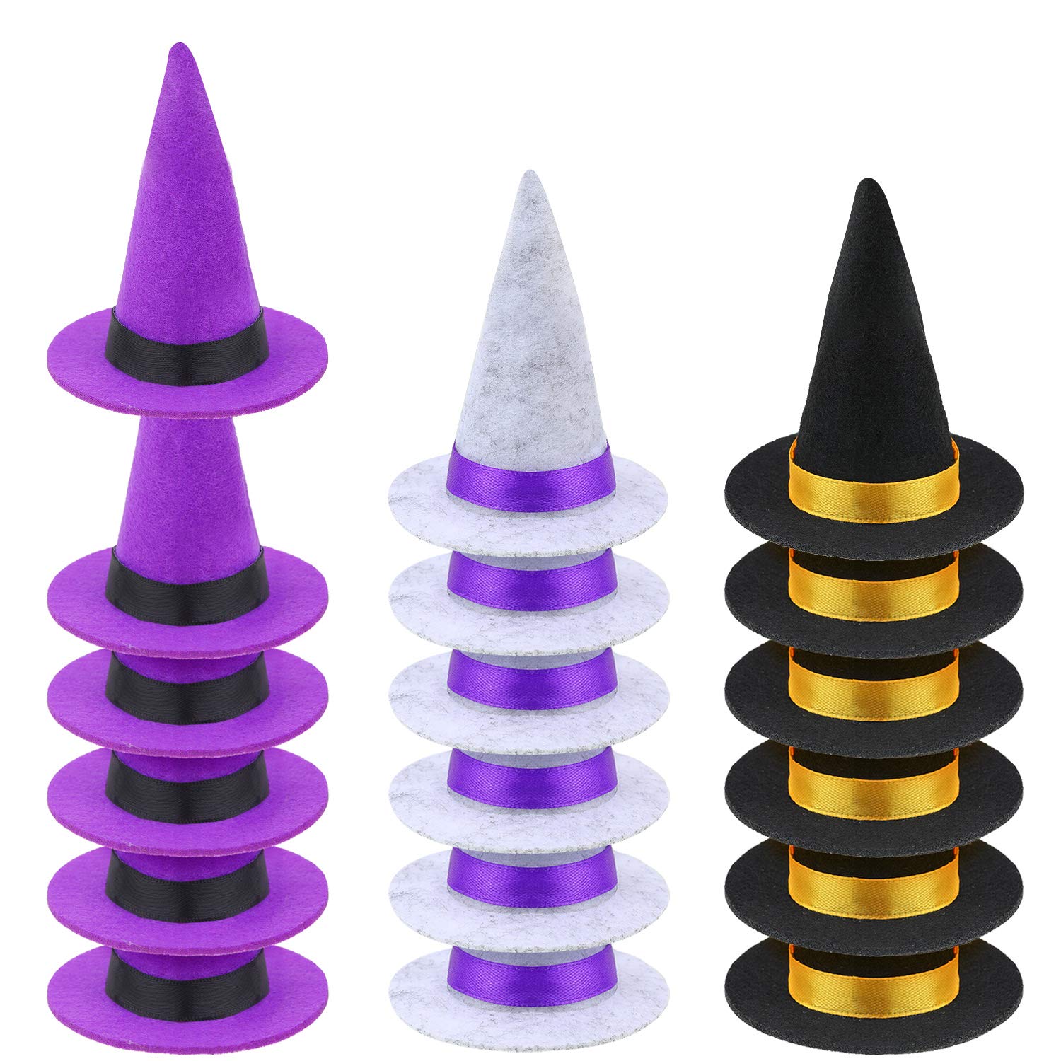 Geyoga 18-Piece Halloween Mini Witch Hats Set - Colorful Felt Witch Hats for DIY Crafts, Wine Bottle Toppers with Ribbon - Perfect for Halloween Party Decorations, Table Centerpieces & Handmade Wine Bottle Covers