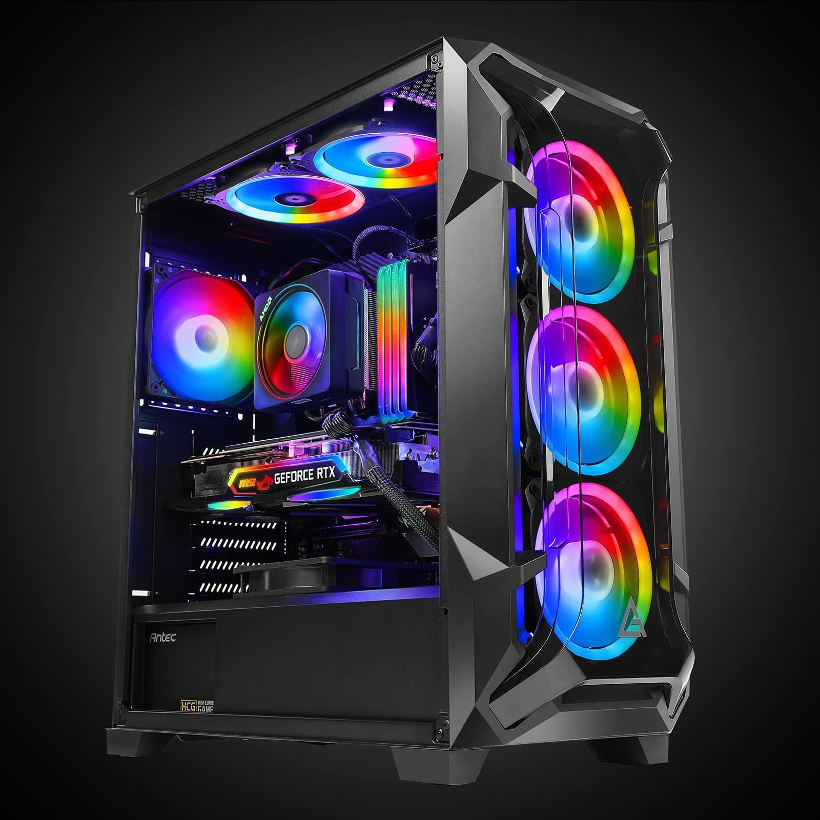 Antec Dark League DF600 Flux Mid-Tower ATX Gaming PC Case - 5 x 120mm ARGB Fans, PWM Controller, Tempered Glass Side Panel, USB 3.0 Ports - High Airflow Design for Gaming Rigs & Workstations - Perfect for Esports, Streaming & Content Creation