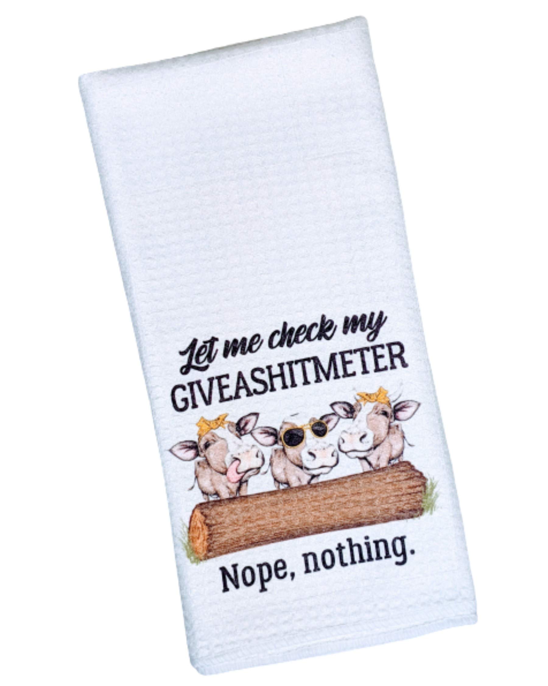 Funny Cow Waffle Weave Kitchen Towel - Humorous 'Let Me Check My Giveashitimeter' Farmhouse Decor for Kitchen, Bathroom & Country Themed Homes