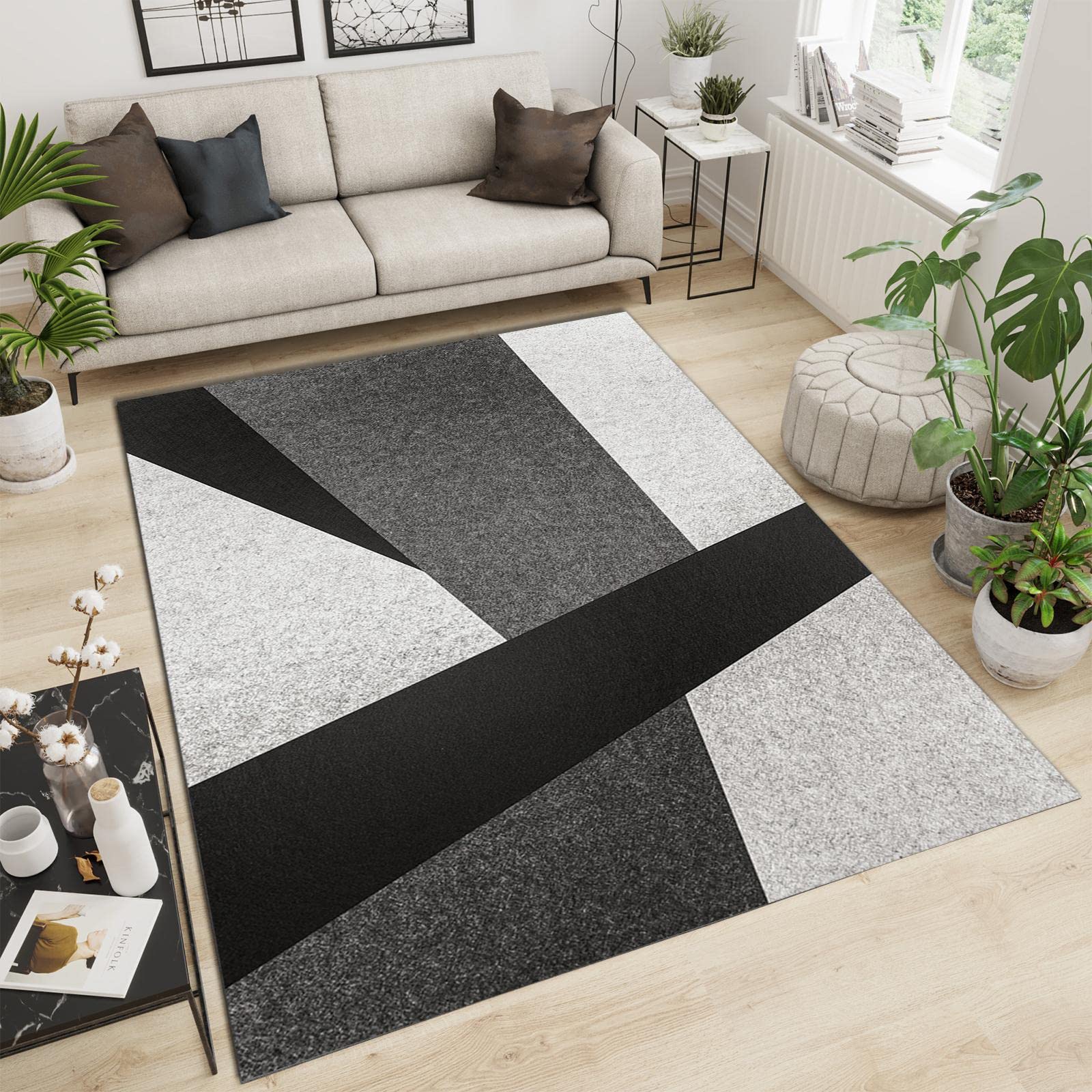 Geometric Mosaic Area Rug - Black & Gray Plaid Washable Carpet for Nursery, Bedroom & Living Room - Soft, Easy Clean 5x6ft Rug for Kids & Home Decor - Perfect for Playrooms, Dorms & Cozy Spaces