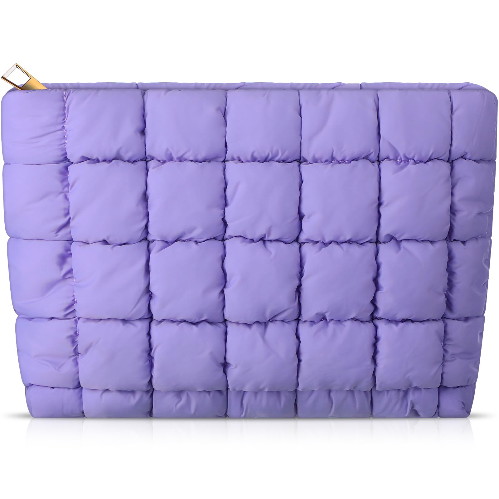 Hillban Puffy Quilted Makeup Bag - Cute Checkered Cosmetic Organizer for Travel & Brushes (Purple)
