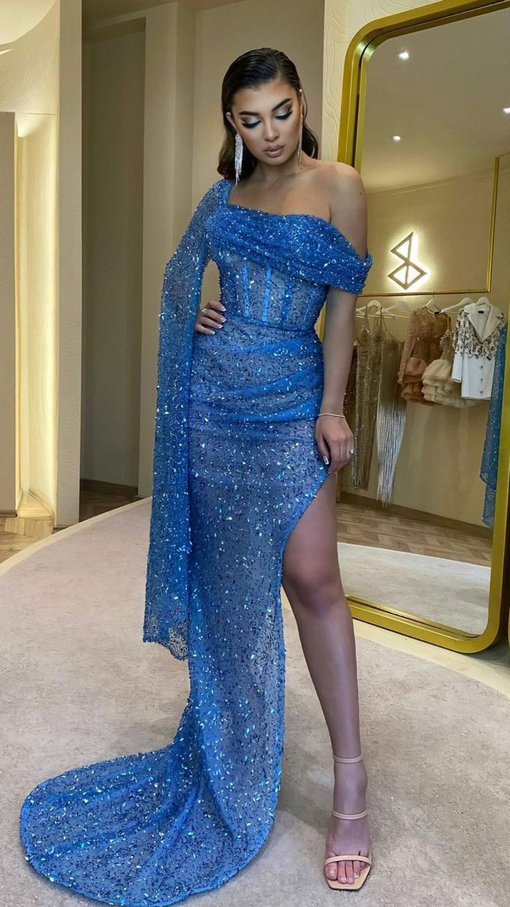 Royal Blue Sequin Off The Shoulder Prom Dress with High Slit - Elegant Sheath Gown for Homecoming, Party & Special Occasions (Style J2628)