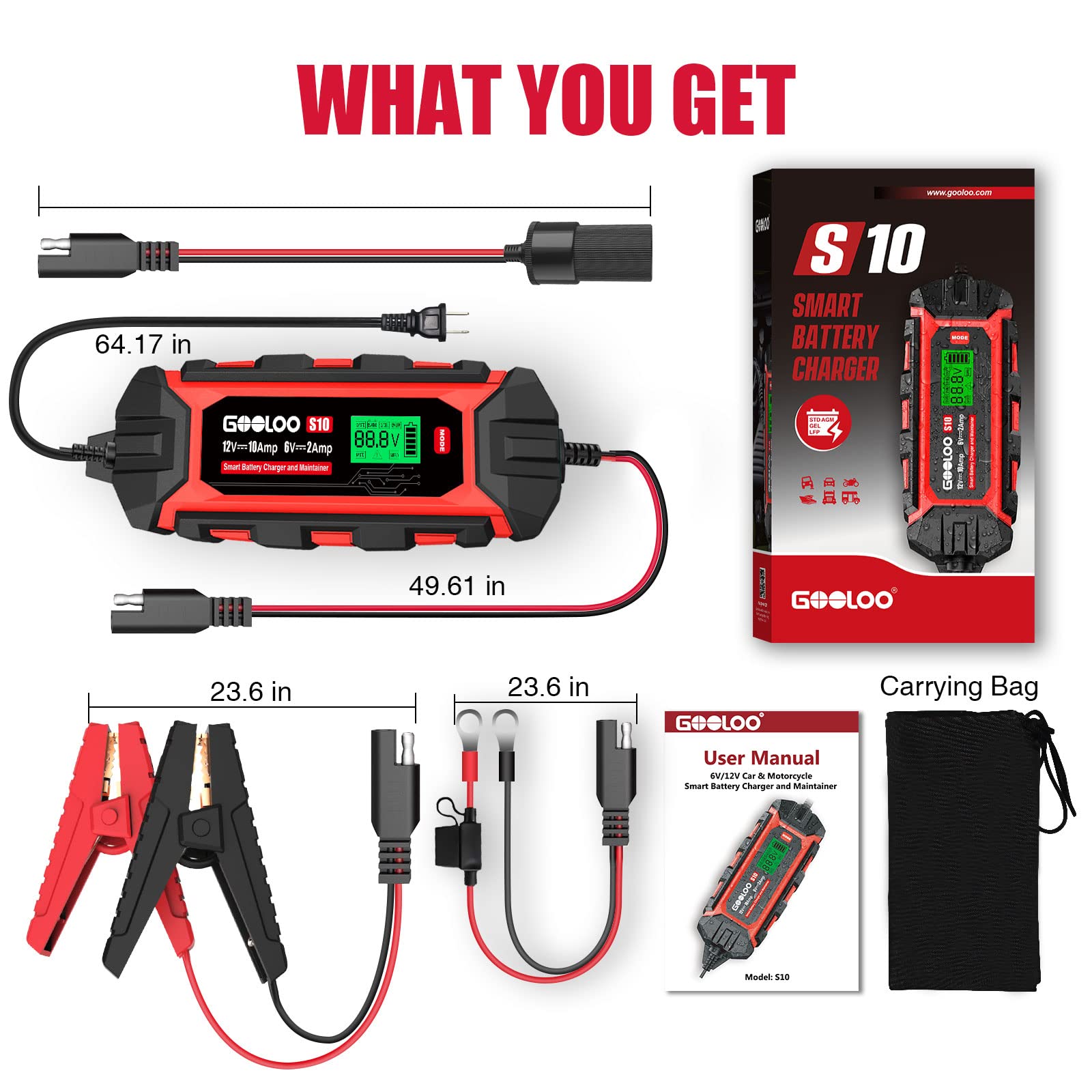 GOOLOO 10-Amp 6V/12V Smart Car Battery Charger & Maintainer - Automatic Trickle Charger with Desulfation for Lead-Acid Batteries - Ideal for Cars, Trucks, Motorcycles & Seasonal Vehicles (Model S10)