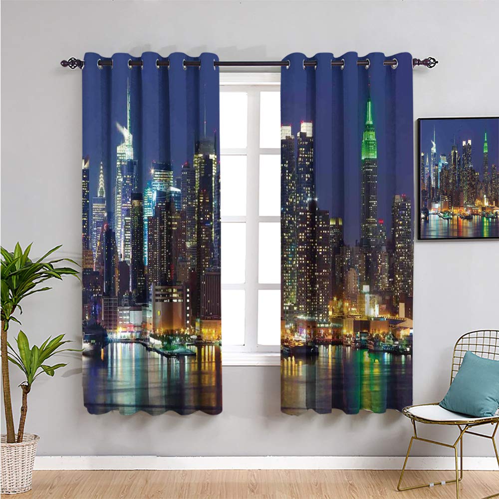 Thermal Insulated Blackout Curtains 84 Inch - NYC Skyline Cityscape Design, Royal Blue 108x84 Inch - Energy Saving, Noise Reducing for Bedroom & Living Room