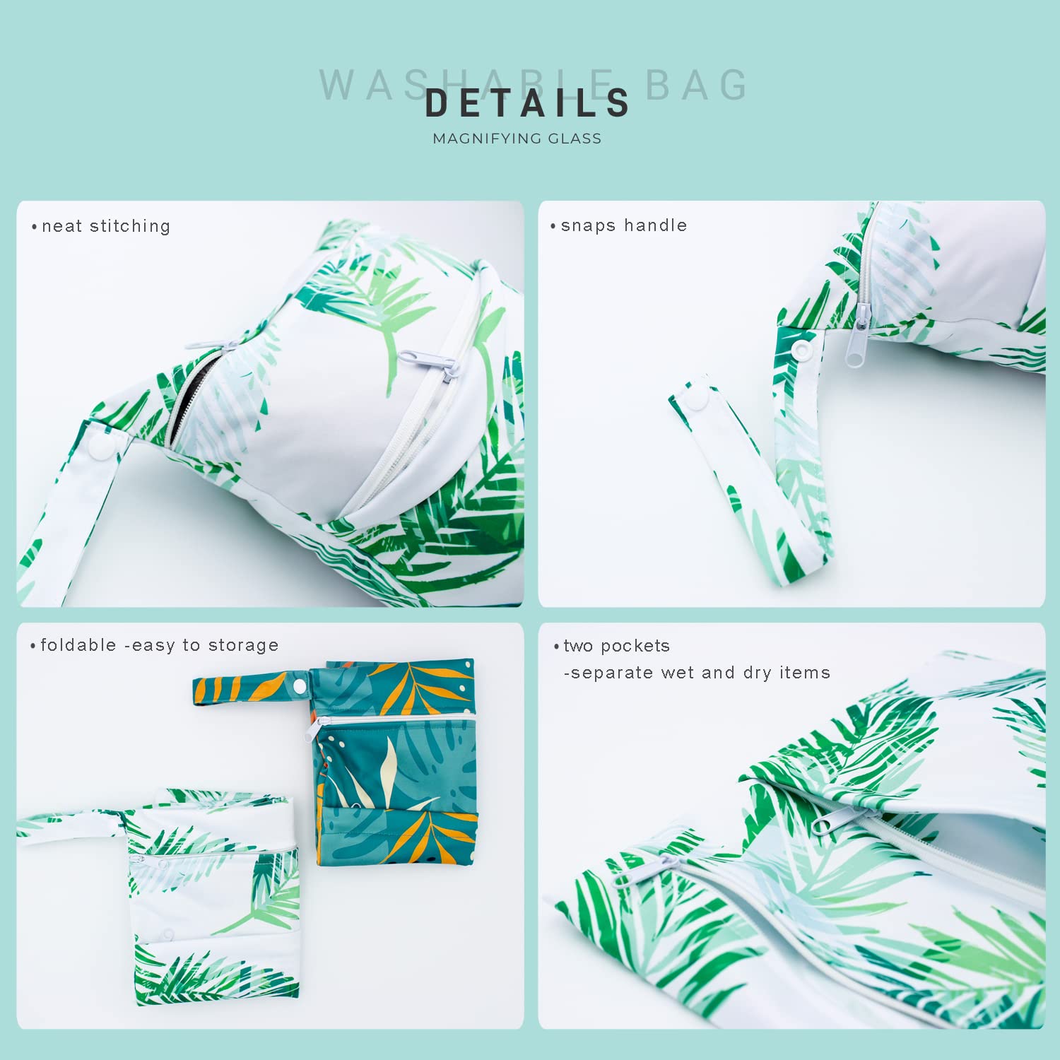Waterproof Wet Dry Bag with Two Zippered Pockets - Reusable Swim Diaper Bag for Beach, Pool, Travel & Gym - Perfect for Swimsuits, Yoga Clothes, Baby Diapers & Toiletries Organization (Green Leaf) - Ideal for Daycare, Sports & Outdoor Activities