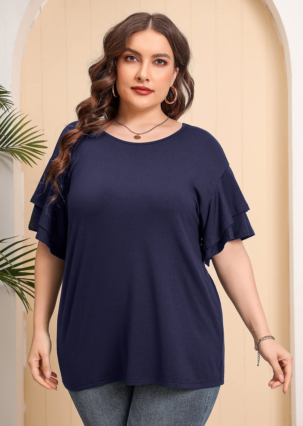 Plus Size Tunic for Women - Double Ruffle Short Sleeve Loose Fit Blouse | Flowy Summer Tops for Casual Wear, Office & Vacation Outfits