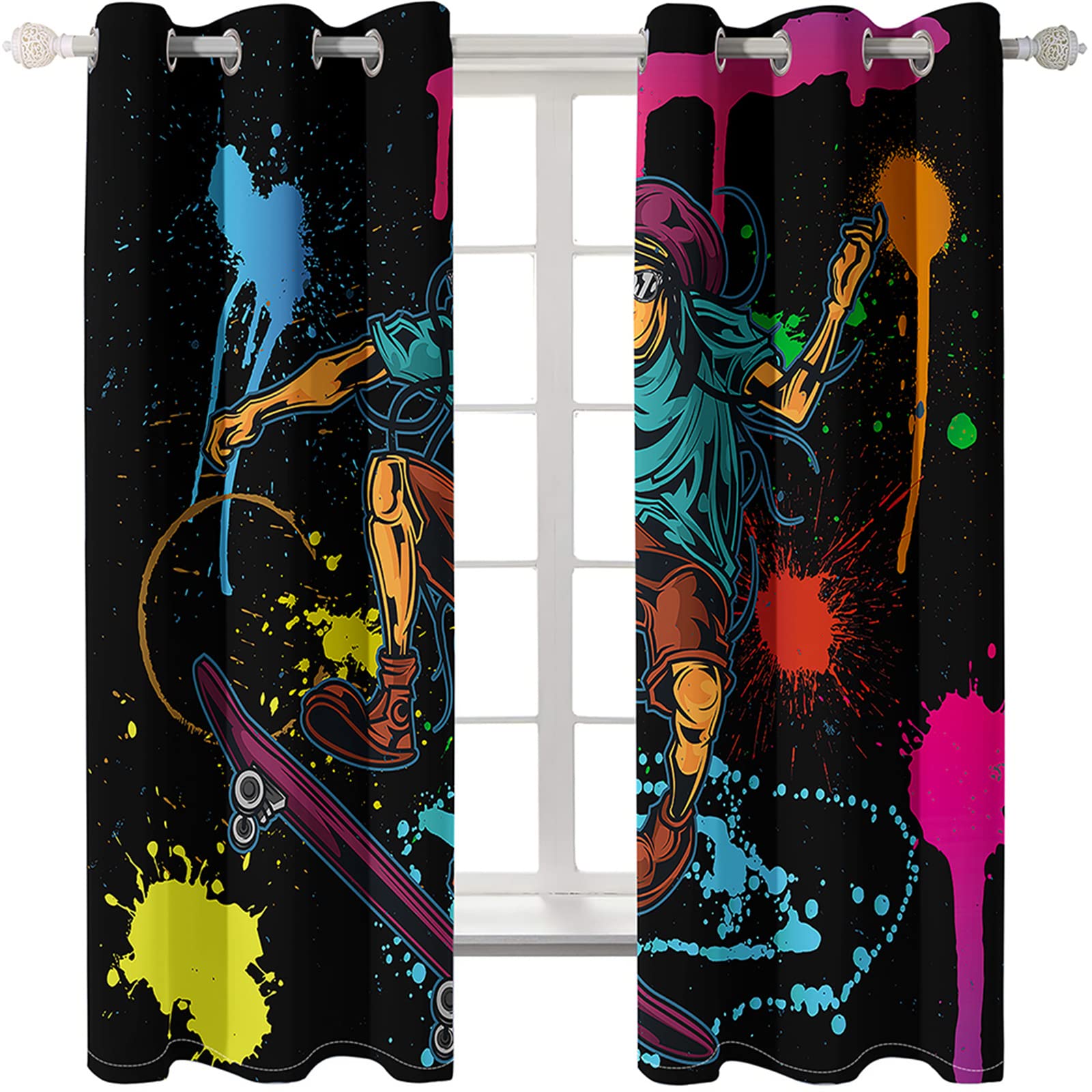 Blackout Curtains with Cartoon Skateboard Design - 2 Panels Black Grommet Thermal Insulated Drapes for Living Room & Bedroom (84x54 Inches) - Noise Reducing Window Treatments for Home Decor, Kids Room & Teen Spaces