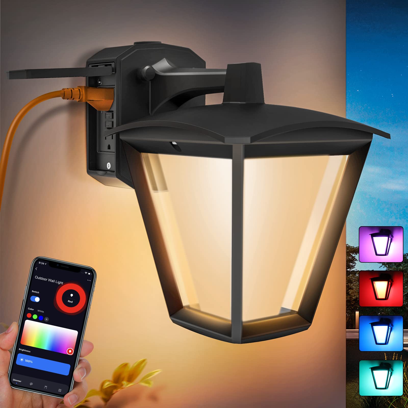 YARBO Smart Outdoor Wall Lantern with GFCI Outlet - Alexa & App Controlled Color Changing RGBW Porch Light - Weatherproof ETL Certified Exterior Wall Sconce for House, Garden, Patio & Front Door Lighting