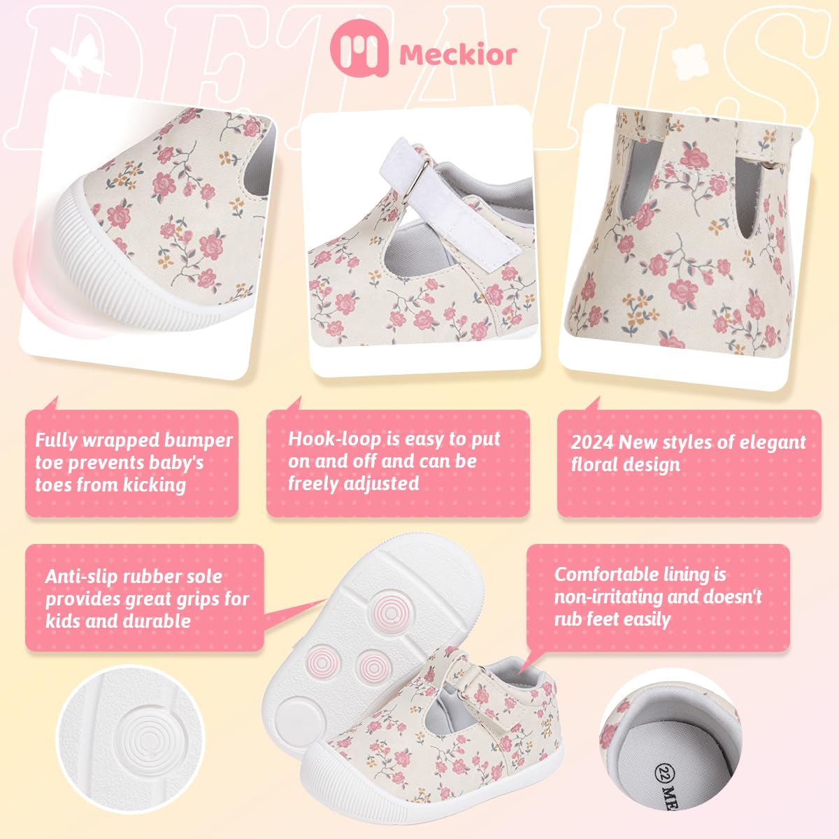 Meckior Baby Girls First Walking Shoes - Non-Slip Mary Jane T-Strap Toddler Shoes with Anti-Collision Toe | Lightweight Summer Dress Shoes for Weddings, Parties & Special Occasions