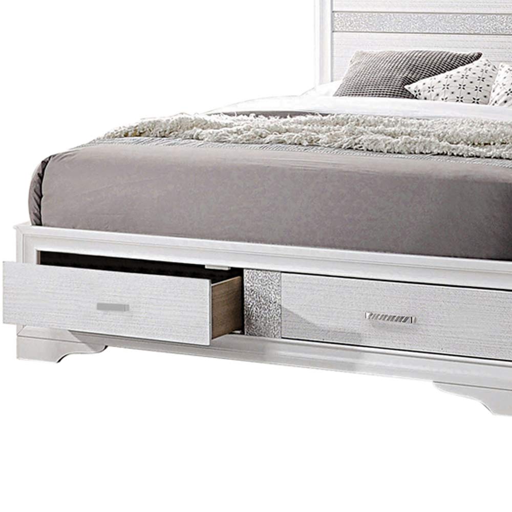 Benjara Contemporary Queen Size Bed Frame with Storage Drawers & Glittering Stripes - White Modern Bedroom Furniture for Master Bedroom or Guest Room