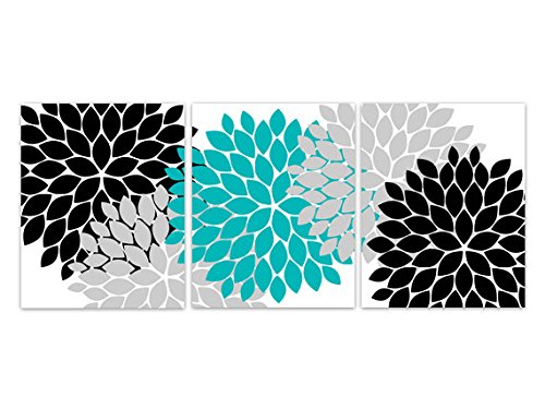 Black, Aqua & Gray Floral Burst Wall Art Prints - Modern Home Decor for Living Room, Bedroom & Office | Premium Canvas Painting for Stylish Interior Design