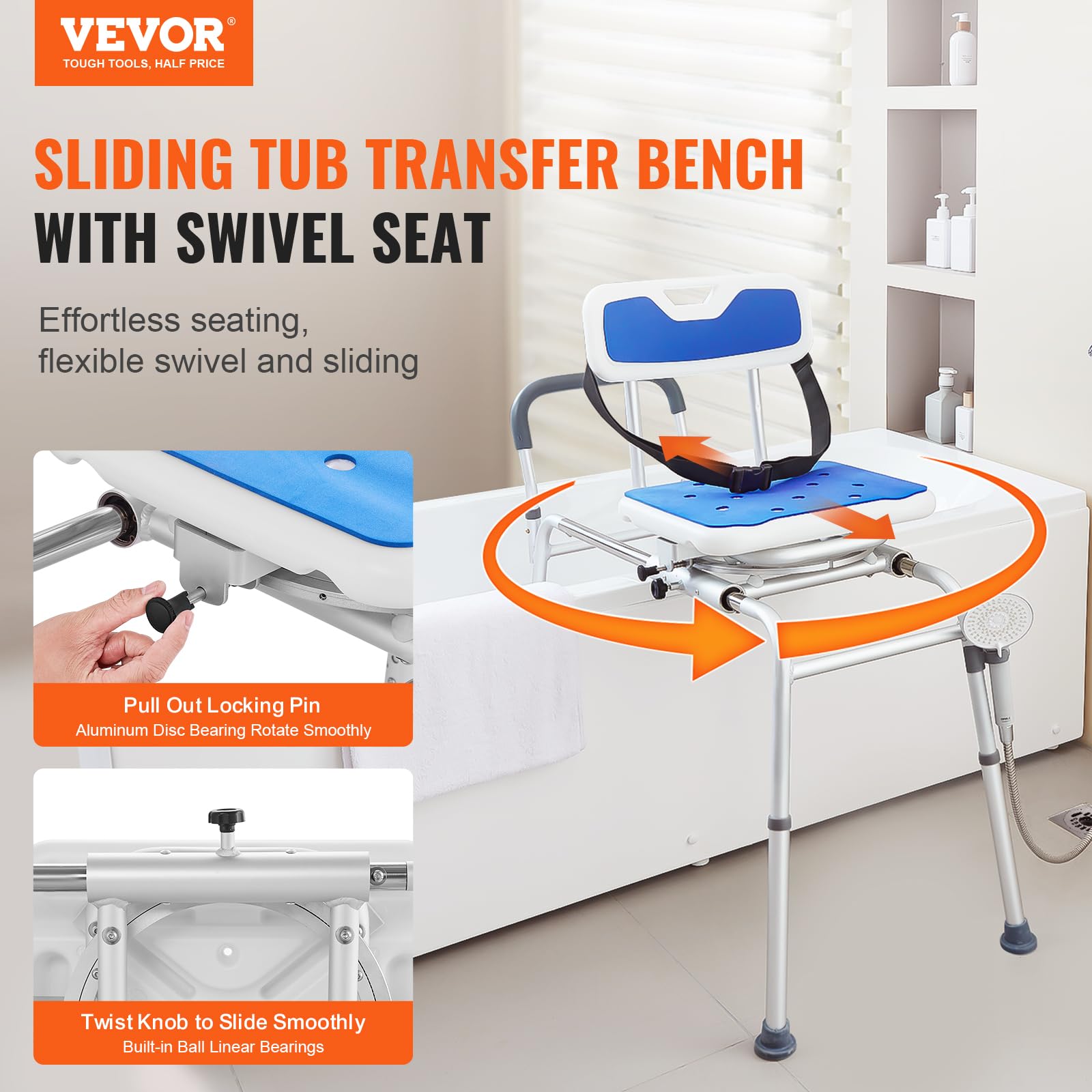 VEVOR 360° Swivel Sliding Tub Transfer Bench - Adjustable Height Bathtub Shower Chair with Armrests & Safety Belt - Non-Slip Rotating Seat for Elderly & Disabled - 400 lbs Weight Capacity - Ideal for Safe Bathing & Mobility Assistance