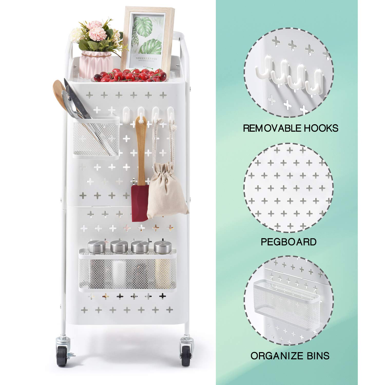 KINGRACK 3-Tier Rolling Utility Cart with Pegboard & Wheels - Metal Storage Cart with Handle for Kitchen, Office, Classroom, Craft Room - Classic White Organizer for Home, School & Workspace
