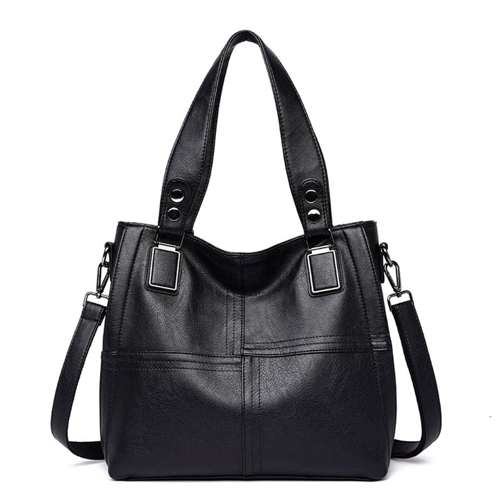 Genuine Leather Tote Bag for Women - Large Sheepskin Shoulder Handbag in Black & Purple - Perfect for Business, Travel & Leisure Shopping