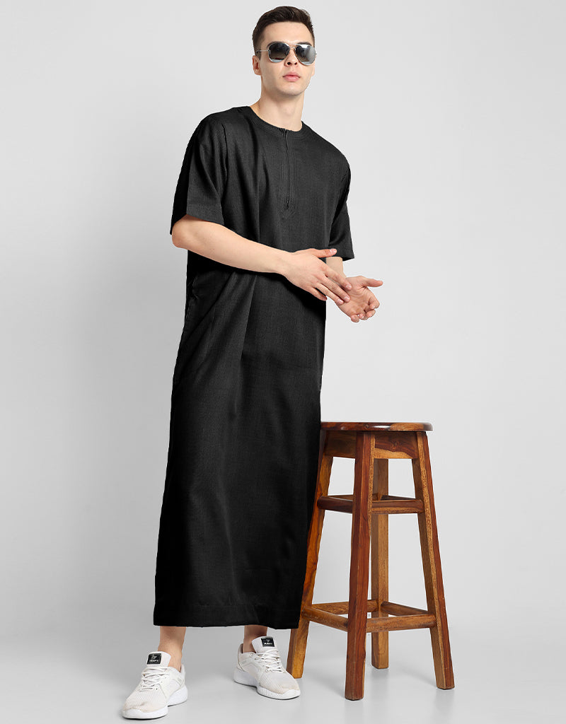 Premium Black Thobes for Men - Comfortable Cotton Blend Plain Solid Workwear - Ideal for Office, Prayer & Special Occasions