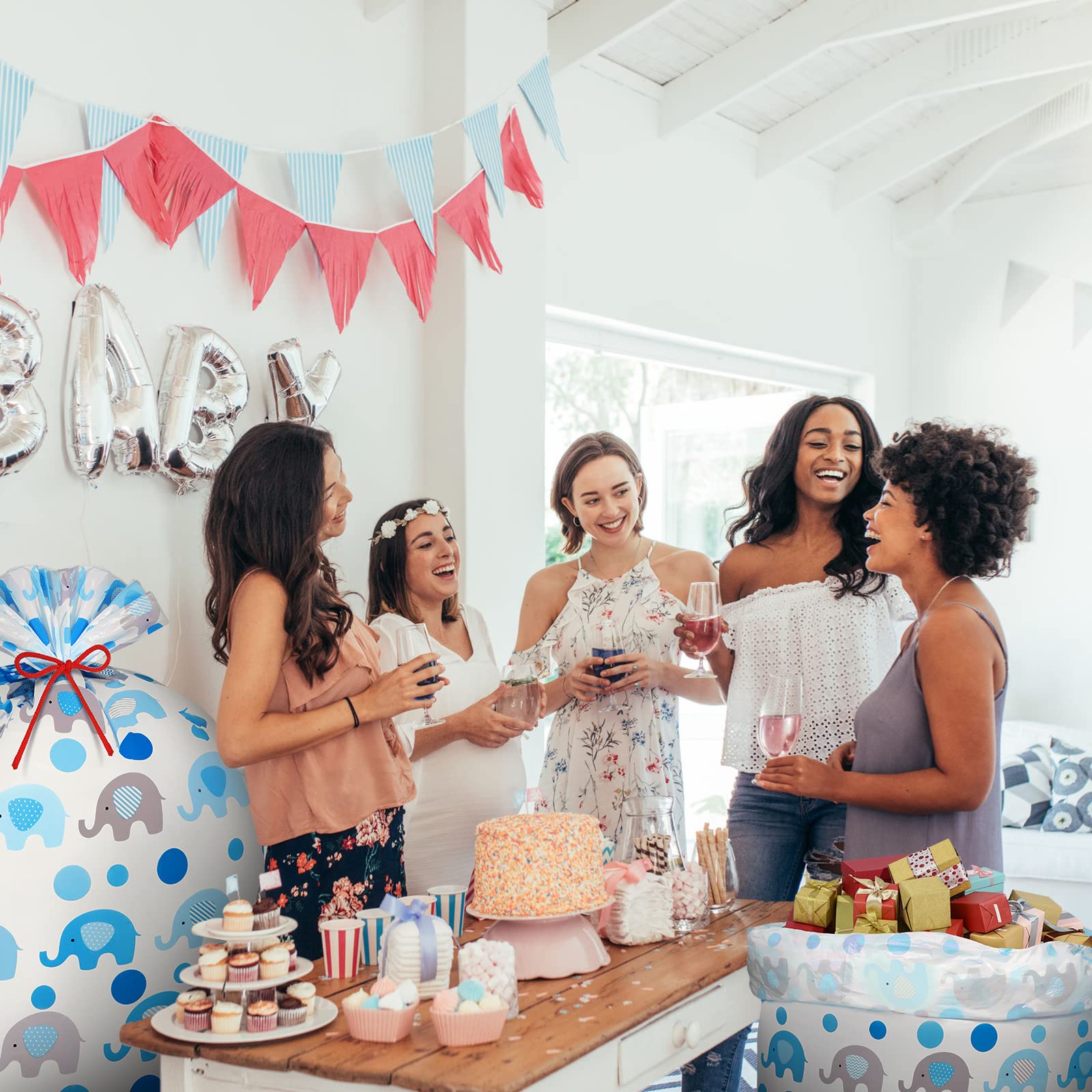 2 Pcs 70 Inches Jumbo Baby Shower Gift Bags - Large Oversized Plastic Party Favors with Ropes for Parents - Blue Elephant Polka Dot Design - Perfect for Baby Showers, Birthday Parties & Special Events