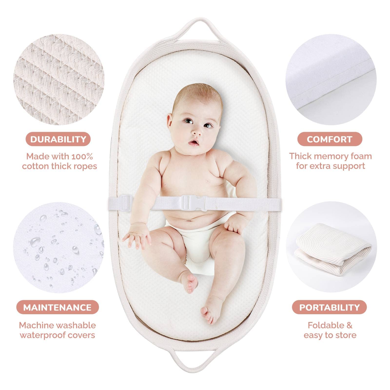 Luxury Baby Changing Moses Basket with Memory Foam Mattress & Waterproof Pad Cover - Portable Boho Nursery Decor, 100% Cotton Rope Baby Lounger - Perfect for Newborn Care, Nursery Organization & Travel Essentials