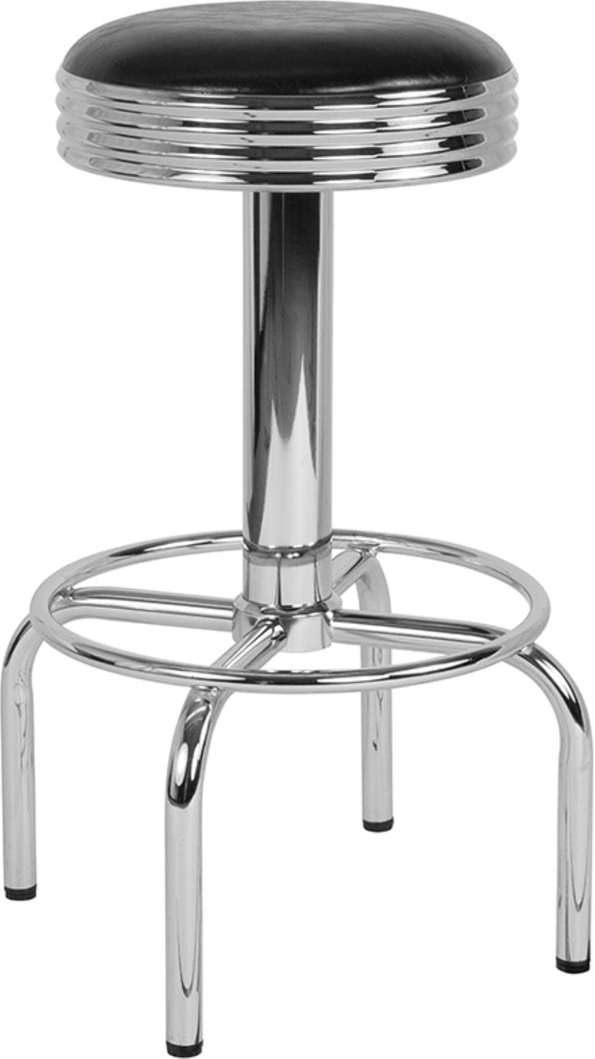 Flash Furniture Retro Diner Barstool with Chrome Base - Black Vinyl Upholstered Counter Height Stool for Kitchen Island, Breakfast Nook & Home Bar Decor