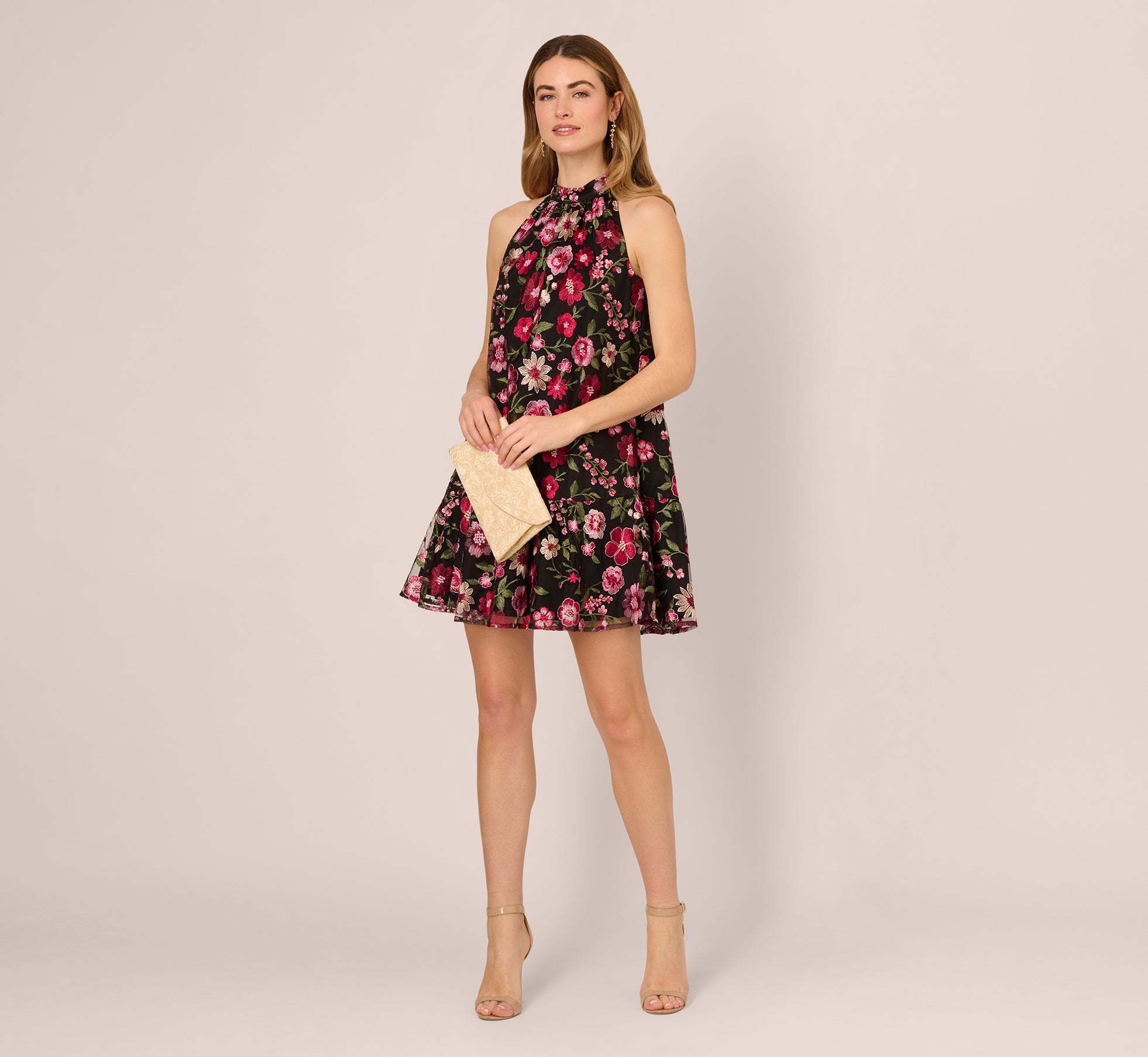 Floral Embroidered Trapeze Halter Dress in Pink Multi - Women's Boho Summer Dress for Beach, Party & Vacation