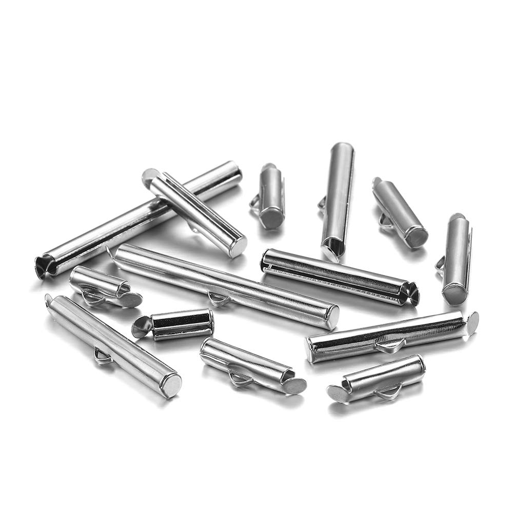 30-50Pcs Crimp End Beads & Slide-On Clasps for DIY Jewelry Making - Rhodium Plated Connectors (35mm x 30Pcs) - Perfect for Bracelets, Necklaces & Craft Projects