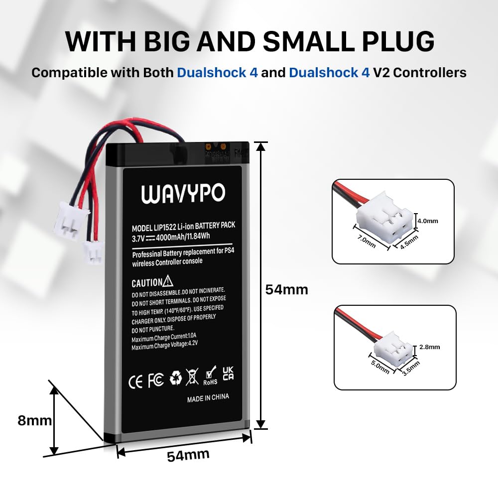 WAVYPO 2 Pack 4000mAh Replacement Battery for PS4 Controller - Compatible with PS4/PS4 Pro/PS4 Slim, Dualshock 4 Models CUH-ZCT1H/CUH-ZCT1E/CUH-ZCT1U/CUH-ZCT2U/CUH-ZCT2 - Long Lasting Gaming Power for Extended Play Sessions