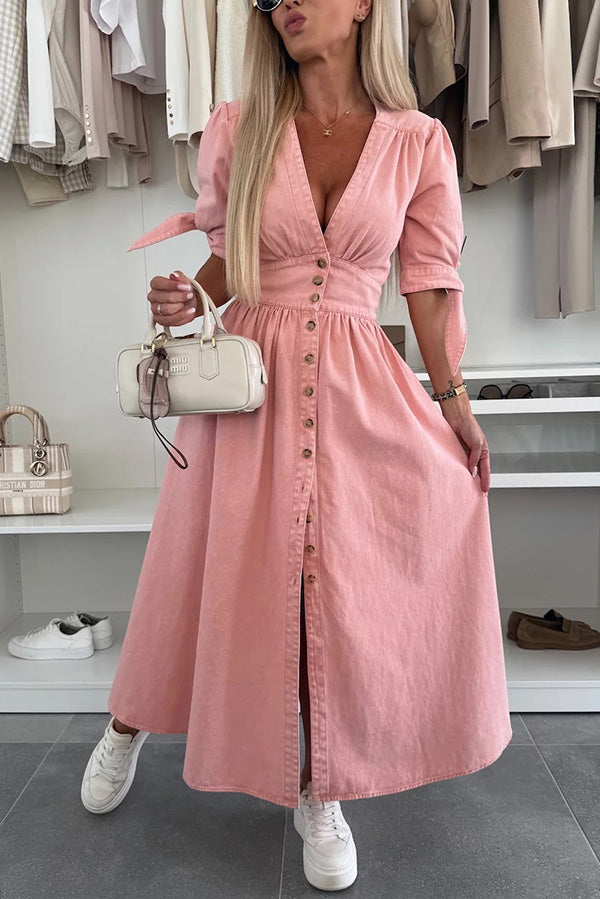Stylish Solid Color V-Neck Button Down Denim Midi Dress for Women | Casual & Office Wear | Perfect for Spring & Summer Outings