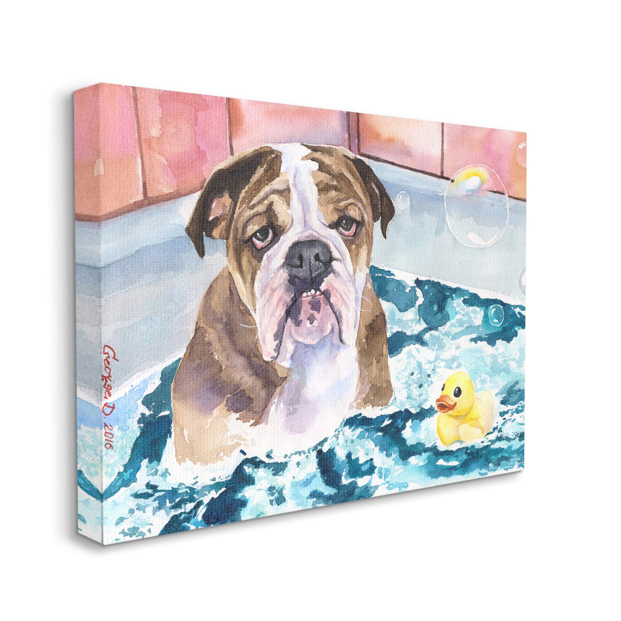 Stupell Industries English Bulldog in Bathtub with Rubber Duck & Bubbles Canvas Wall Art - 36x48 Inch Blue Home Decor - Perfect for Bathroom, Nursery & Kids Room Decor