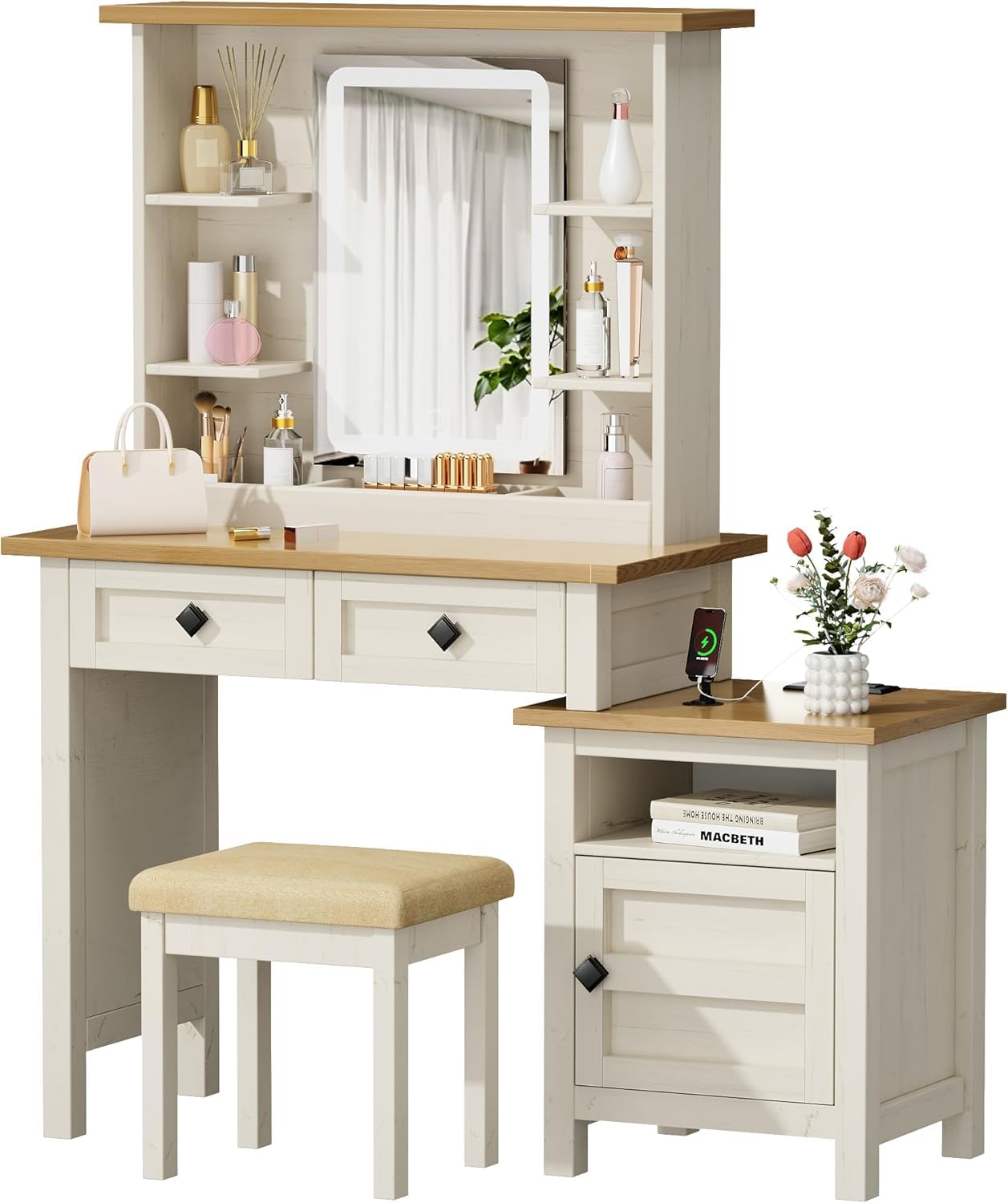 BEWISHOME Farmhouse Vanity Desk Set with Mirror, Lights & Power Outlet - Antique White Makeup Table with Stool & Nightstand - Vintage Style Dressing Table for Bedroom, Bathroom or Dorm (Antique White & Natural)