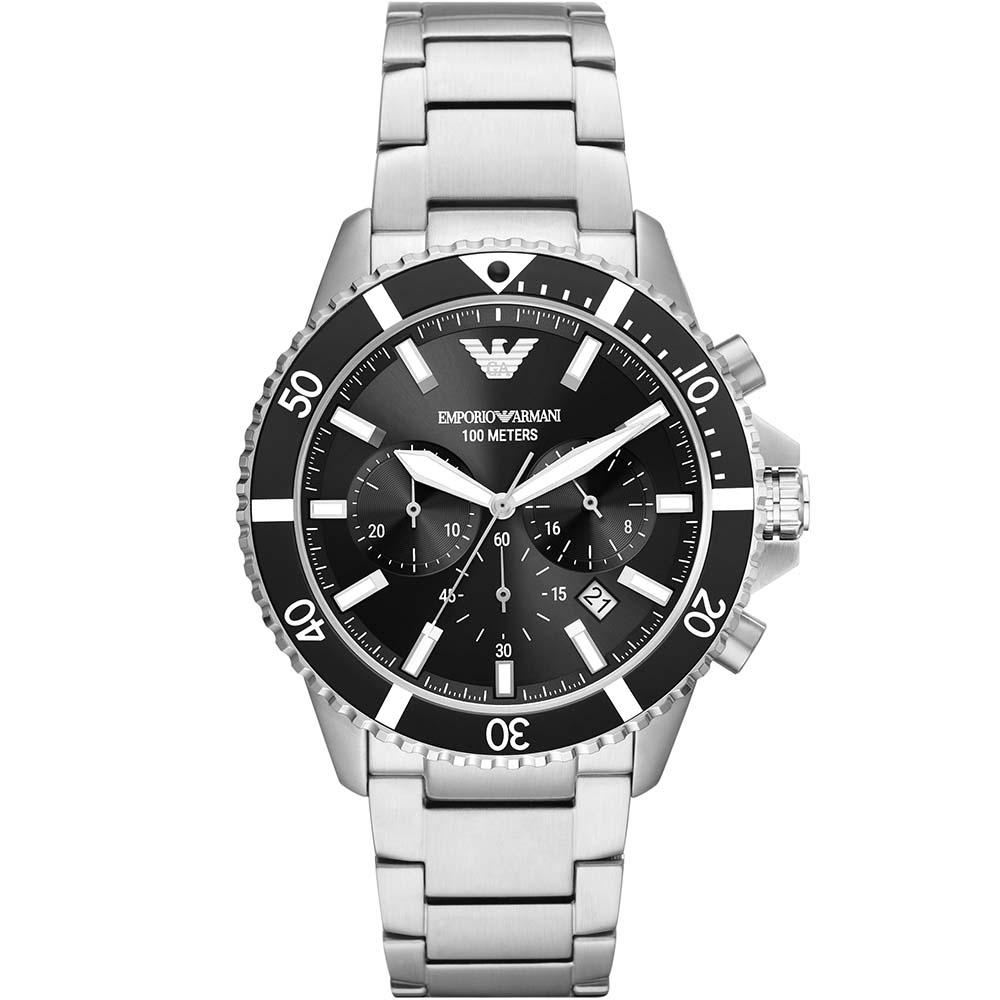 Emporio Armani AR11360 Men's Diver Watch - Black Stainless Steel Waterproof Chronograph for Swimming, Diving & Everyday Wear