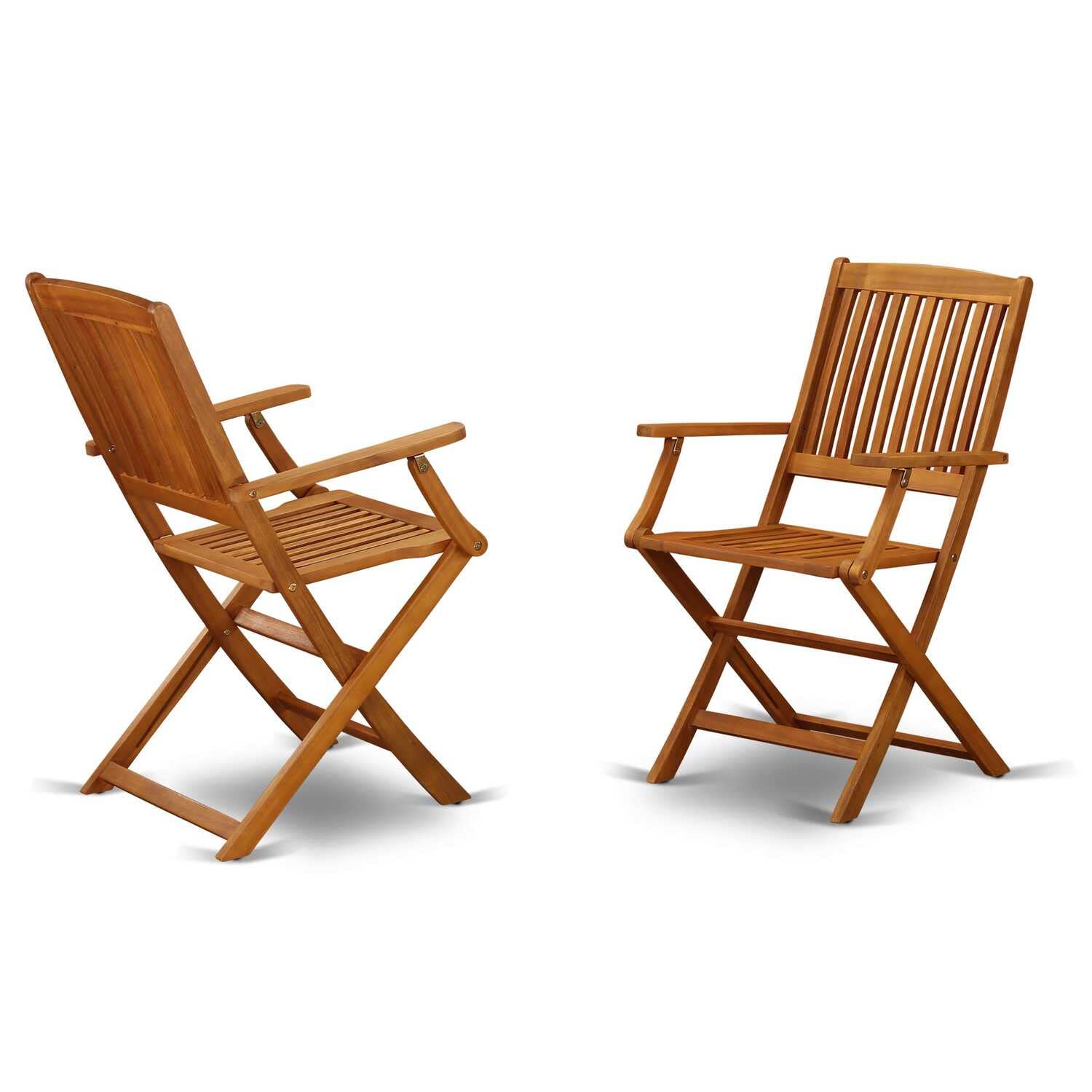 East West Furniture 3-Piece Patio Bistro Set - Square Acacia Wood Folding Table & 2 Arm Chairs - 26x26 Inch Outdoor Coffee Table Set - Natural Oil Finish - Perfect for Backyard, Garden, Balcony & Small Space Dining