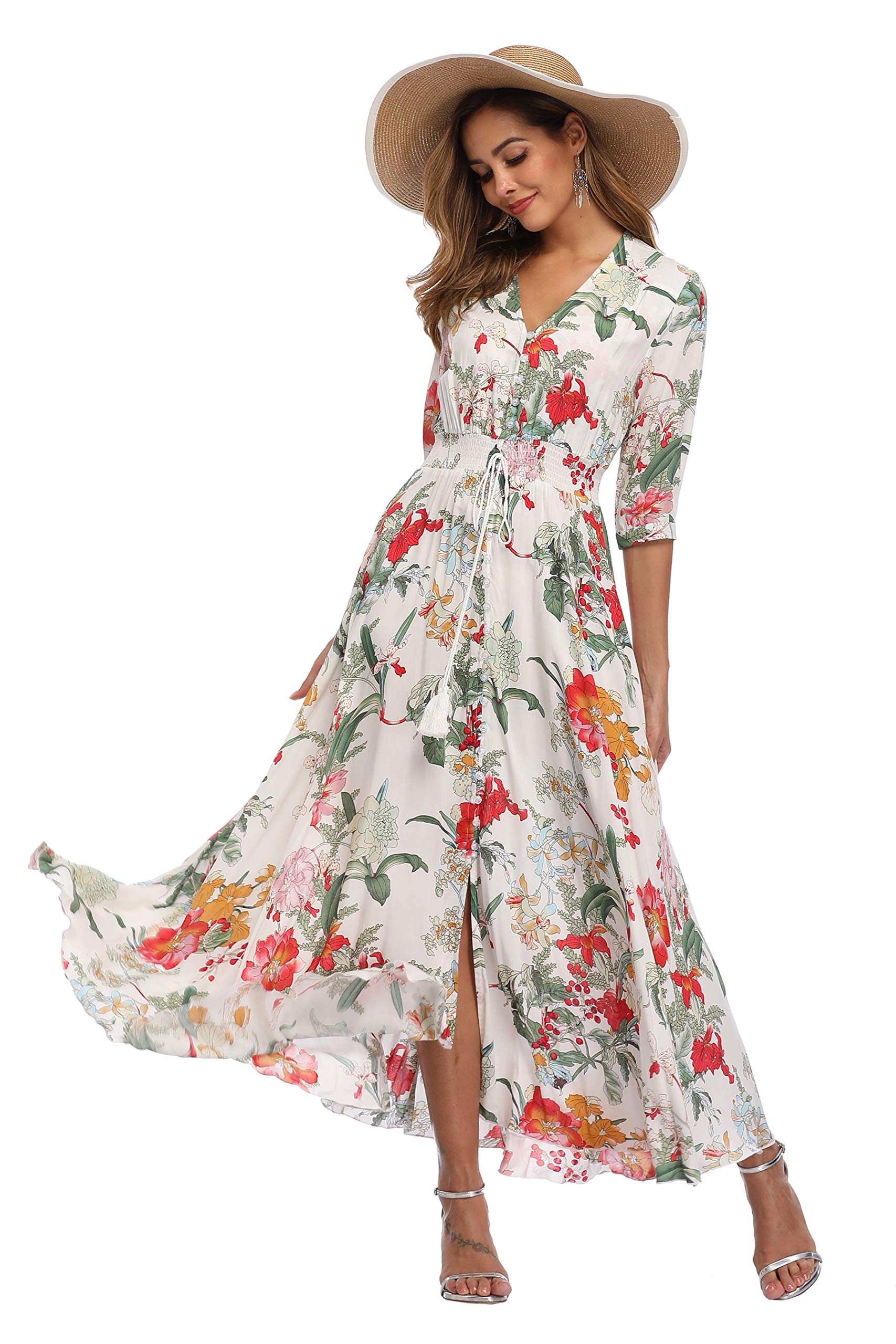Vintage Floral Maxi Dresses for Women - Long Sleeve Bohemian Flowy Beach Dress - Perfect for Summer Vacations, Music Festivals & Boho Chic Outfits
