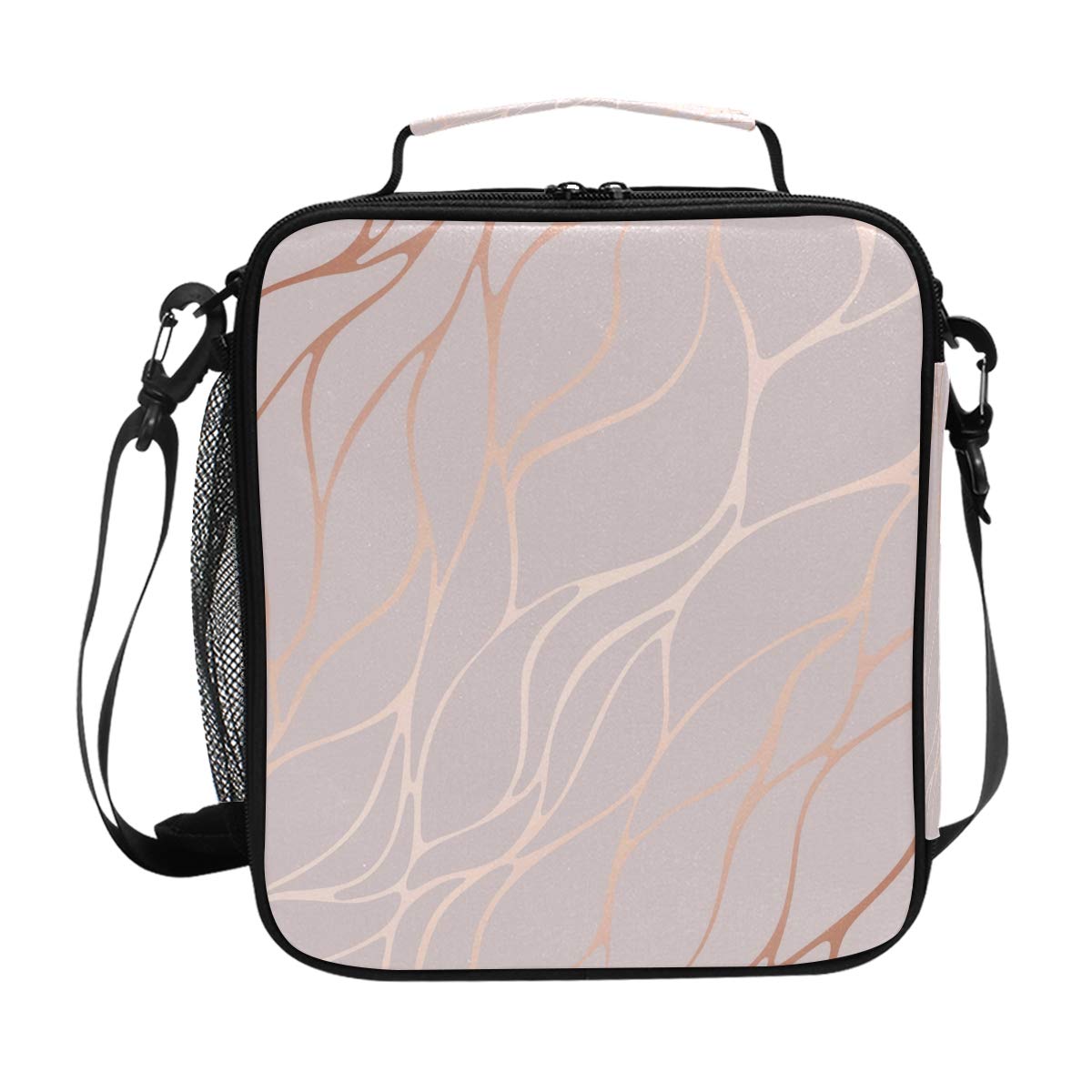 AUUXVA Insulated Lunch Box Bag - Rose Gold Marble Pattern Thermal Cooler with Adjustable Shoulder Strap for Women, Men & Kids | Perfect for School, Work, Picnics & Outdoor Activities